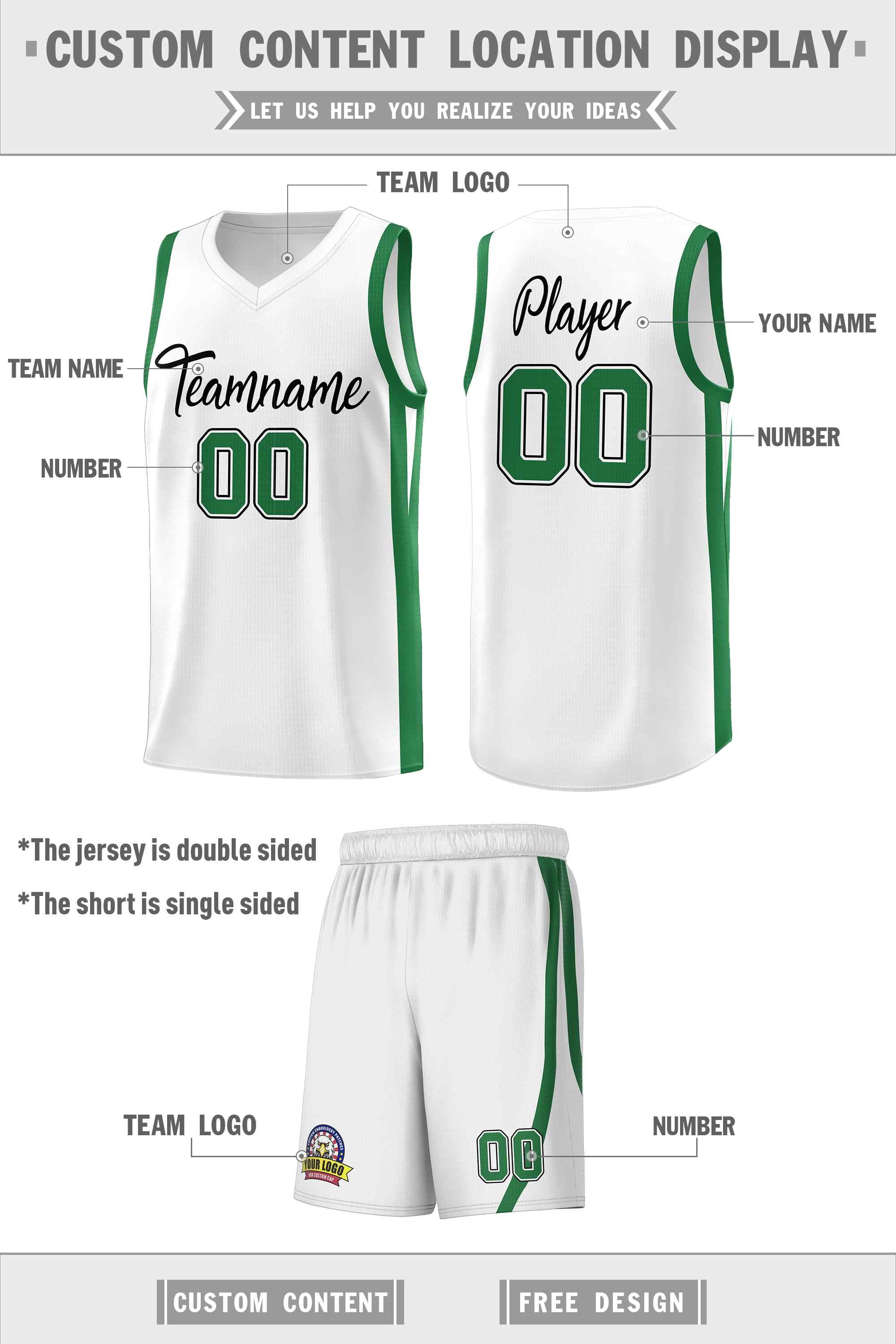 Custom White Green Classic Sets Sports Uniform Basketball Jersey