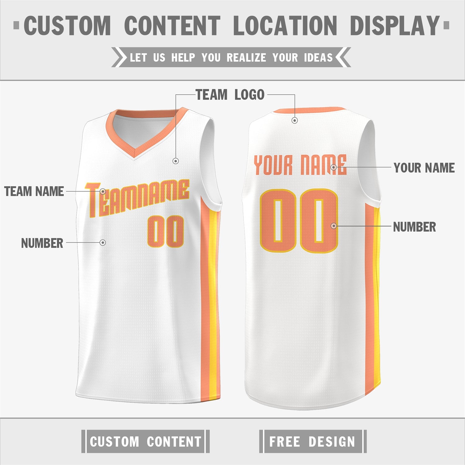 Custom White Orange Classic Tops Breathable Basketball Jersey