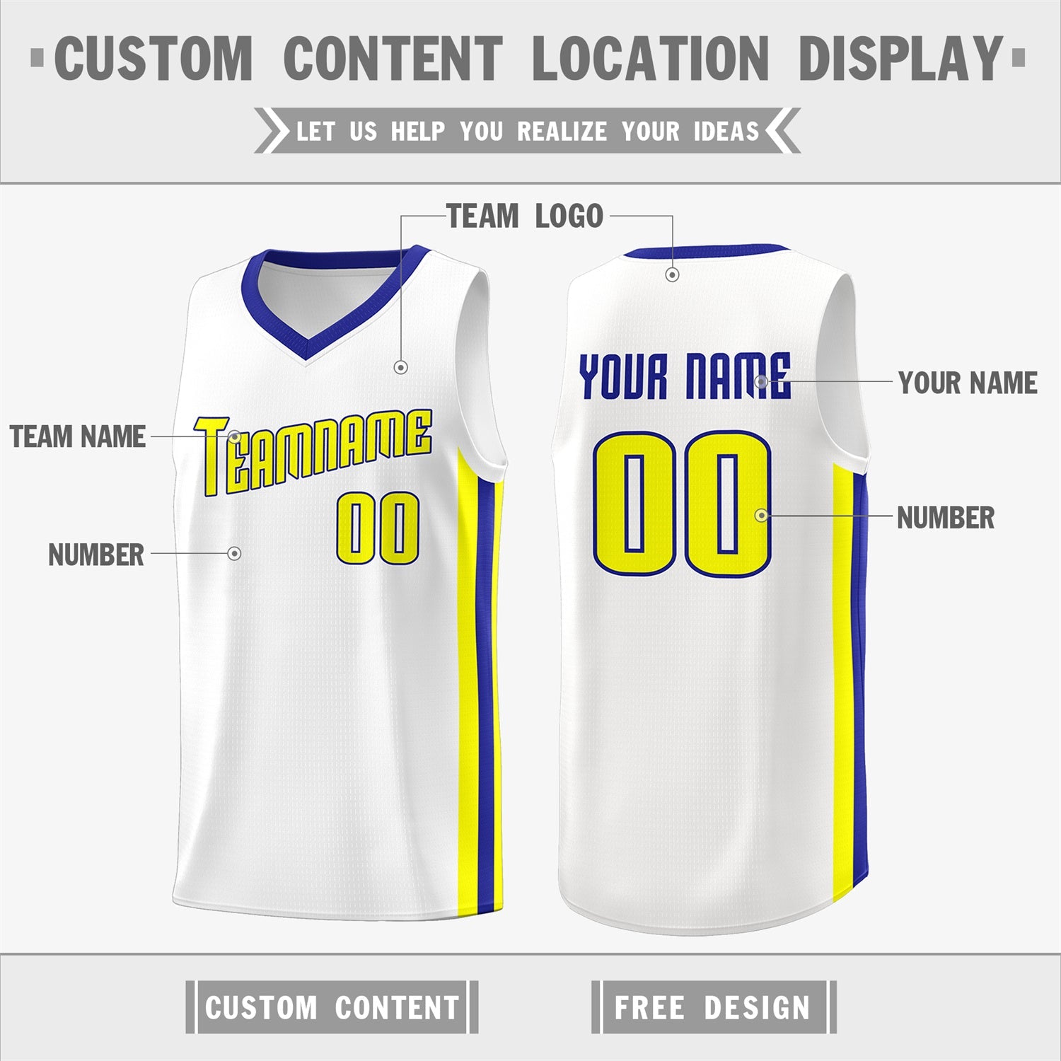 Custom White Yellow-Royal Classic Tops Tank Top Basketball Jersey