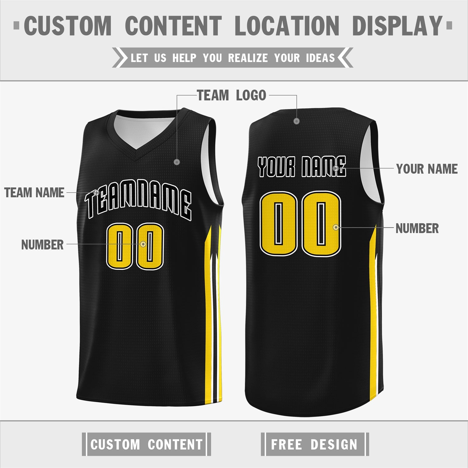 Custom Black Yellow Classic Tops Sport Game Basketball Jersey