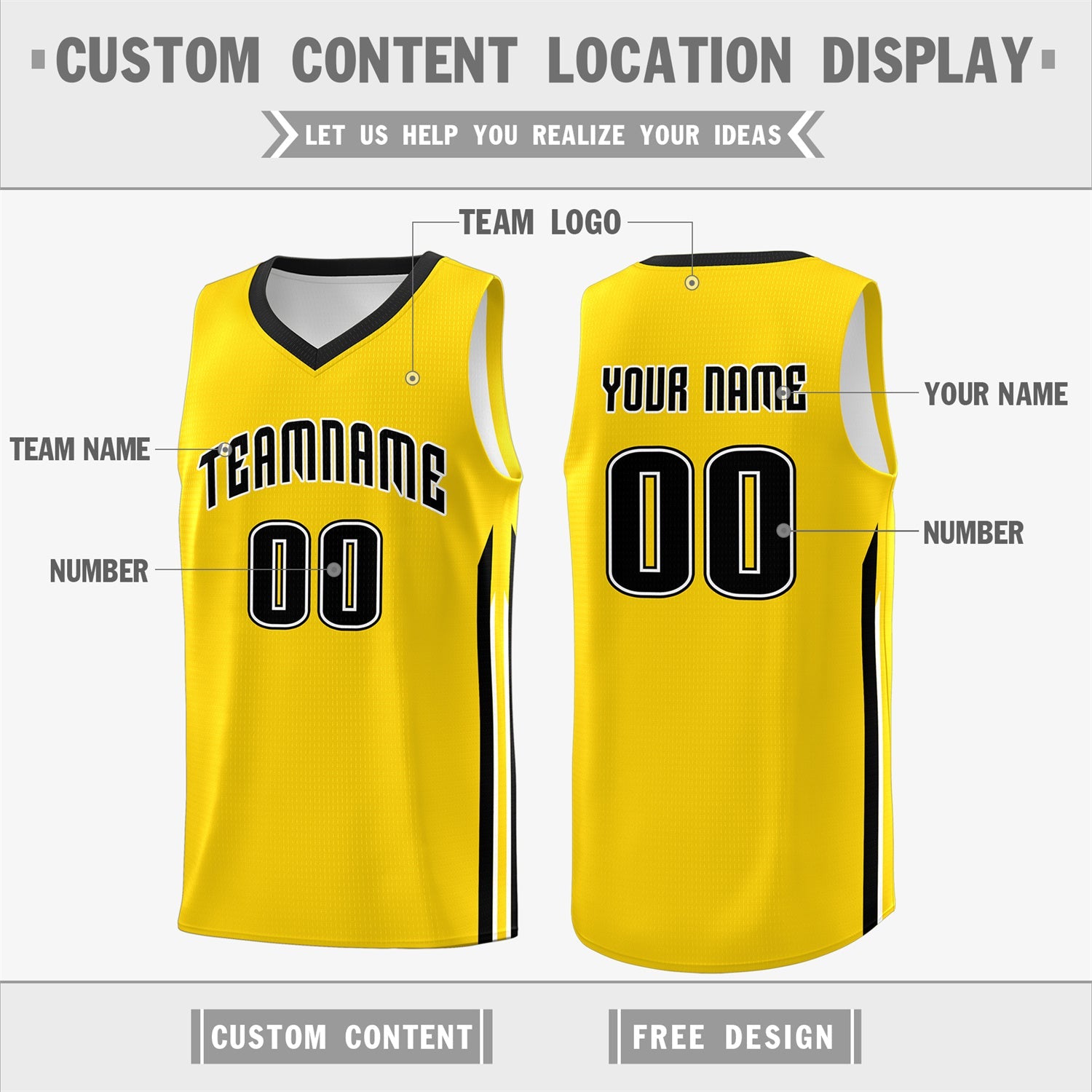 Custom Yellow Black Classic Tops Athletic Casual Basketball Jersey