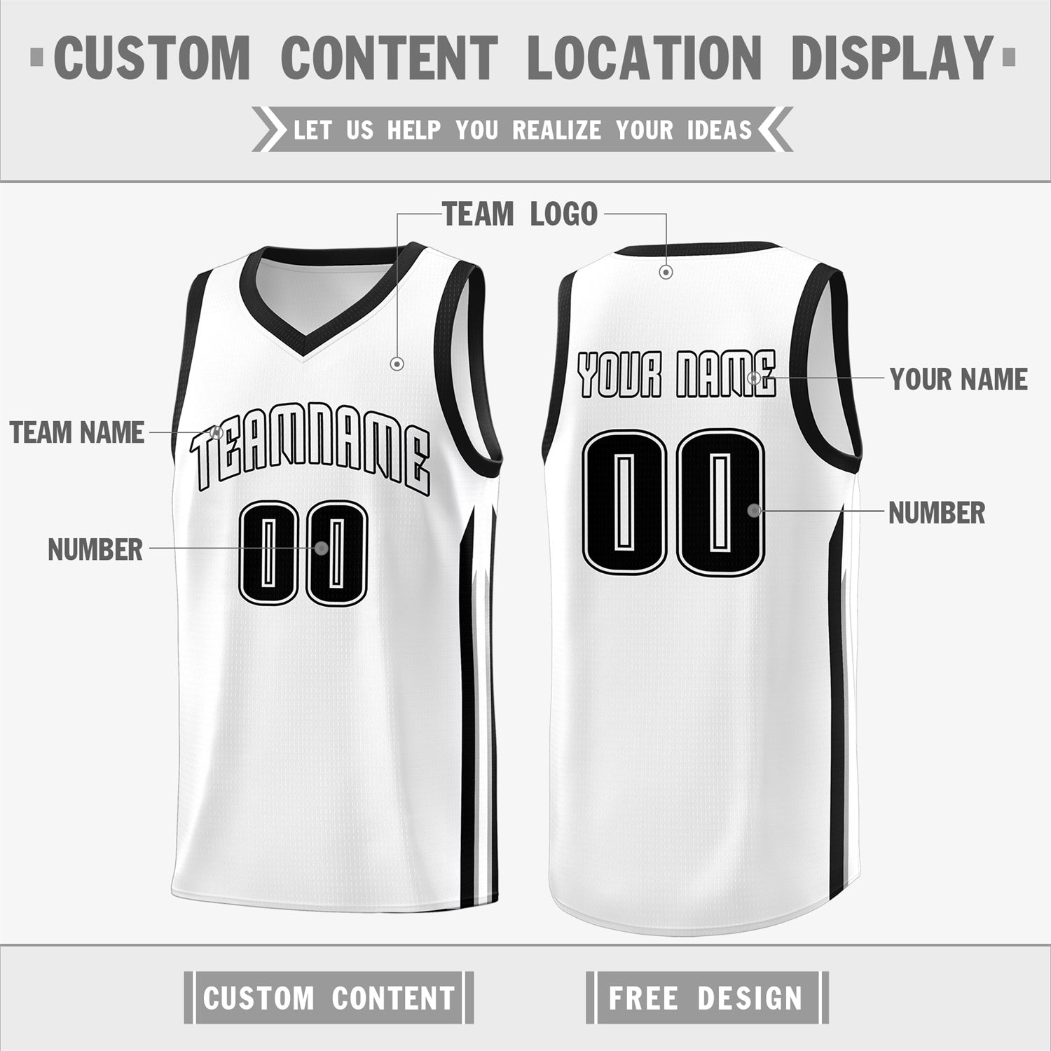 Custom White Black Classic Tops Fashion Sportwear Basketball Jersey