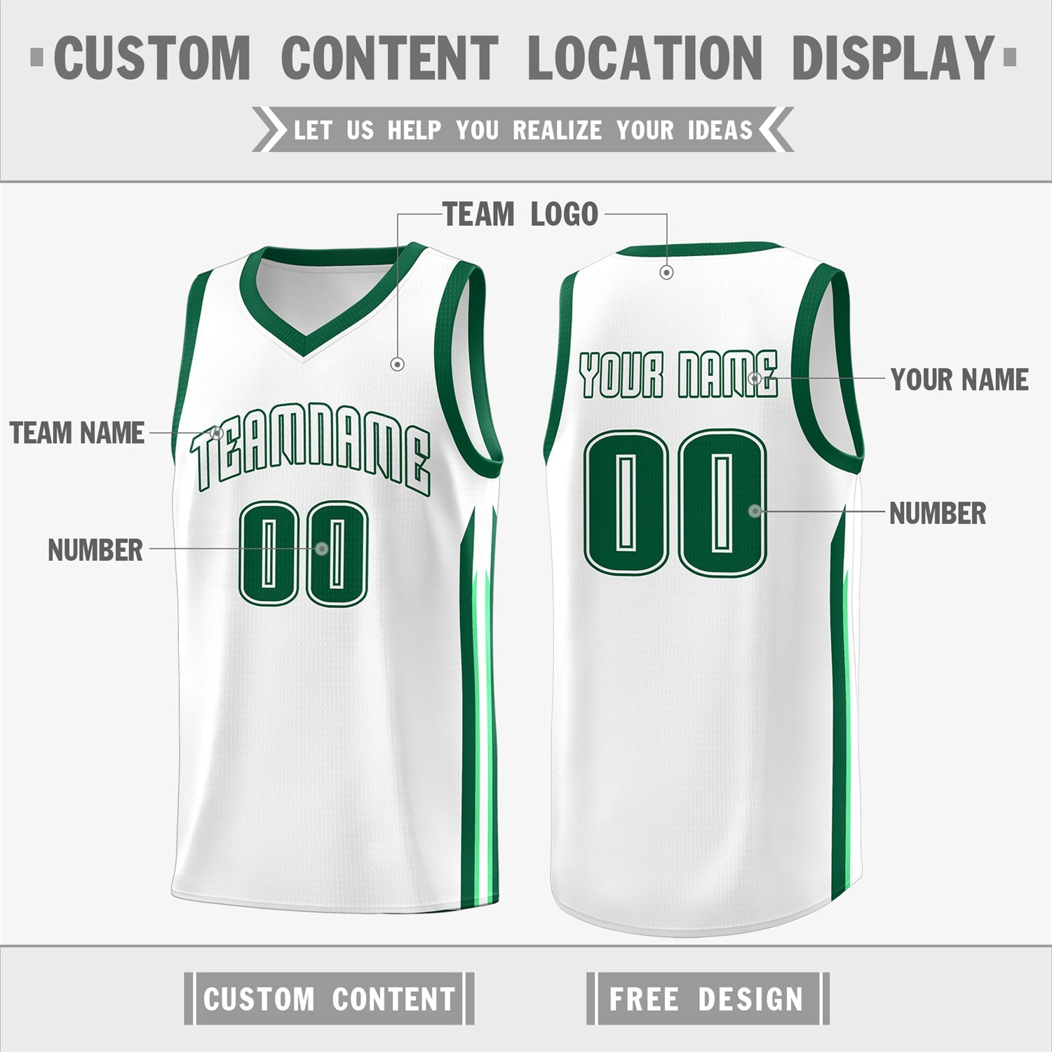 Custom White Green Sport Classic Tops Athletic Casual Basketball Jersey