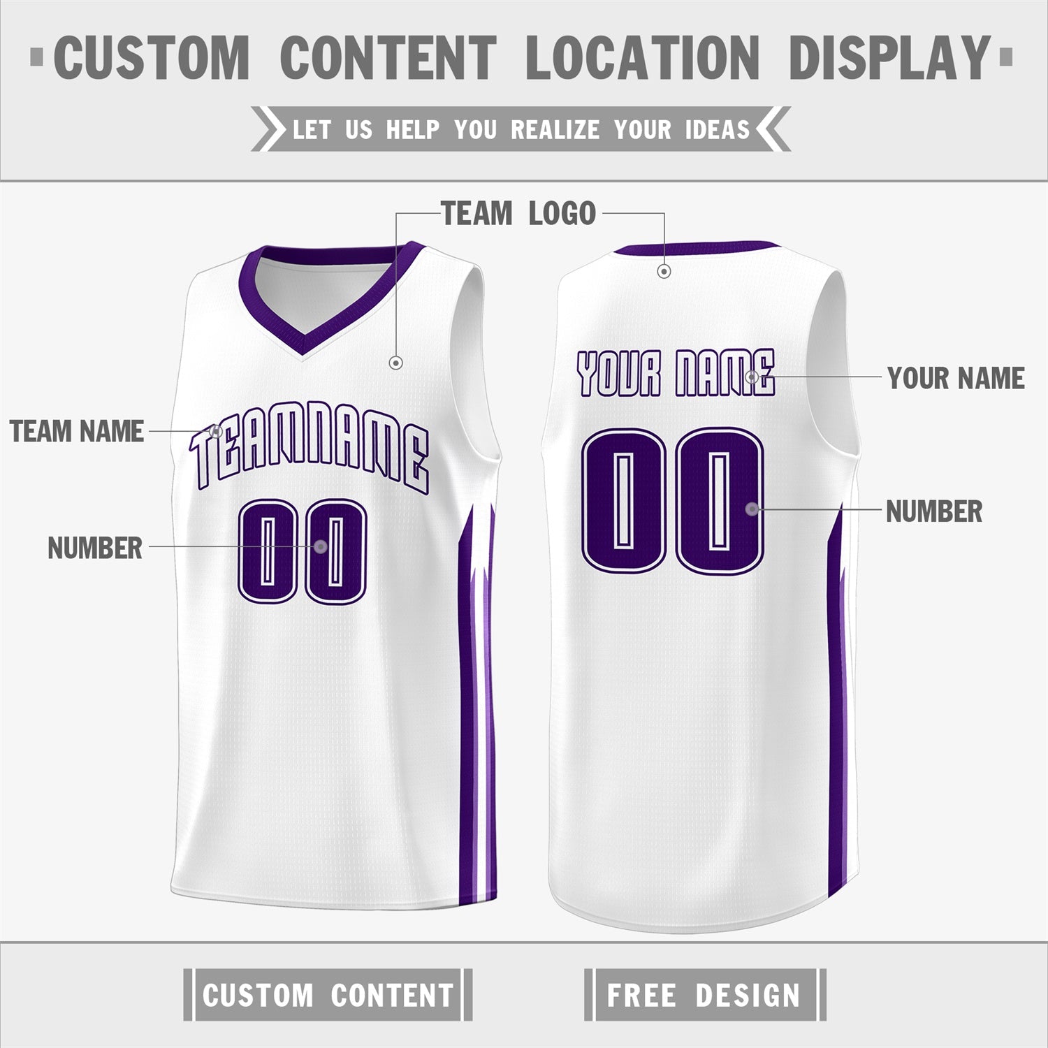 Custom White PurpleClassic Tops Athletic Casual Basketball Jersey