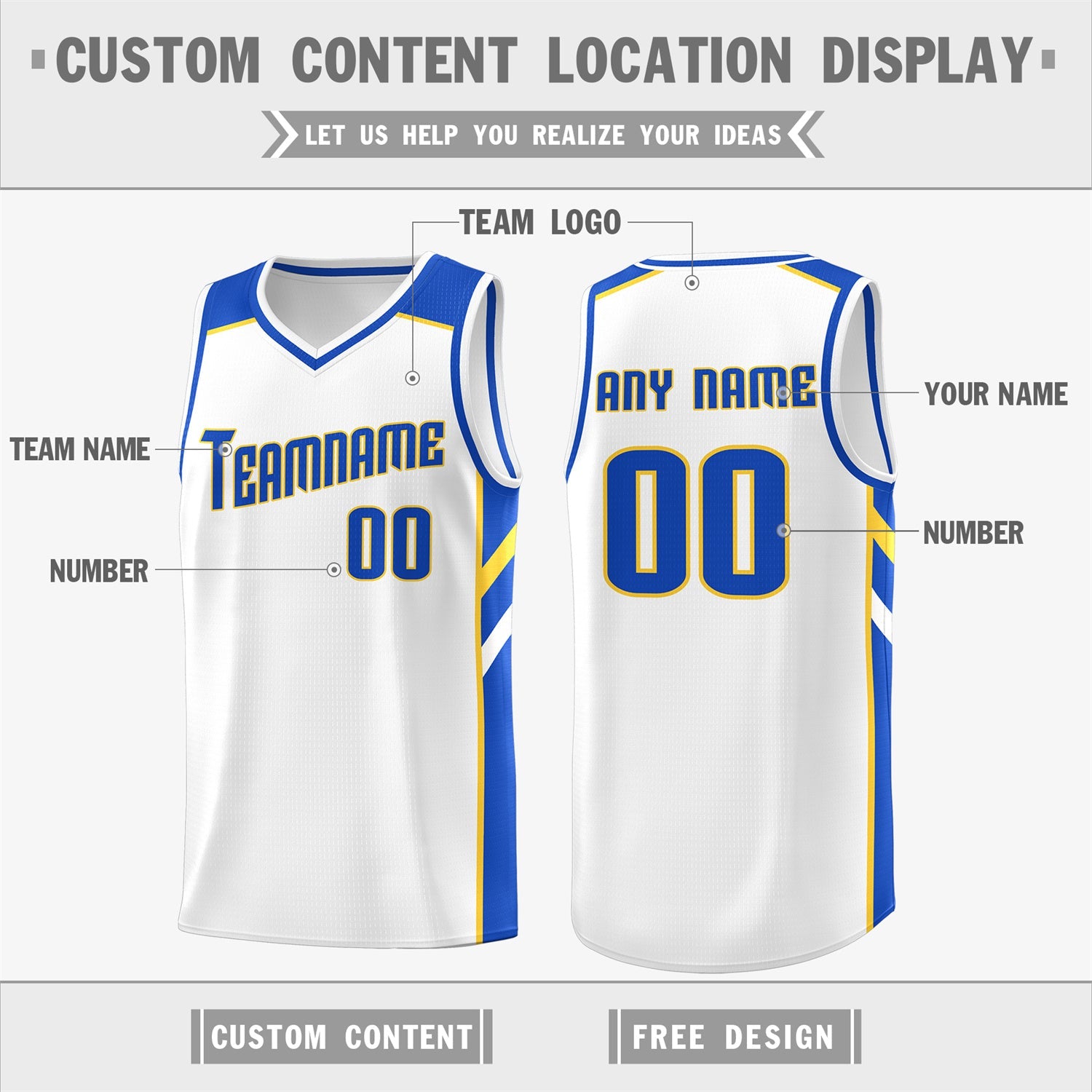 Custom White Yellow-RoyalClassic Tops Breathable Basketball Jersey