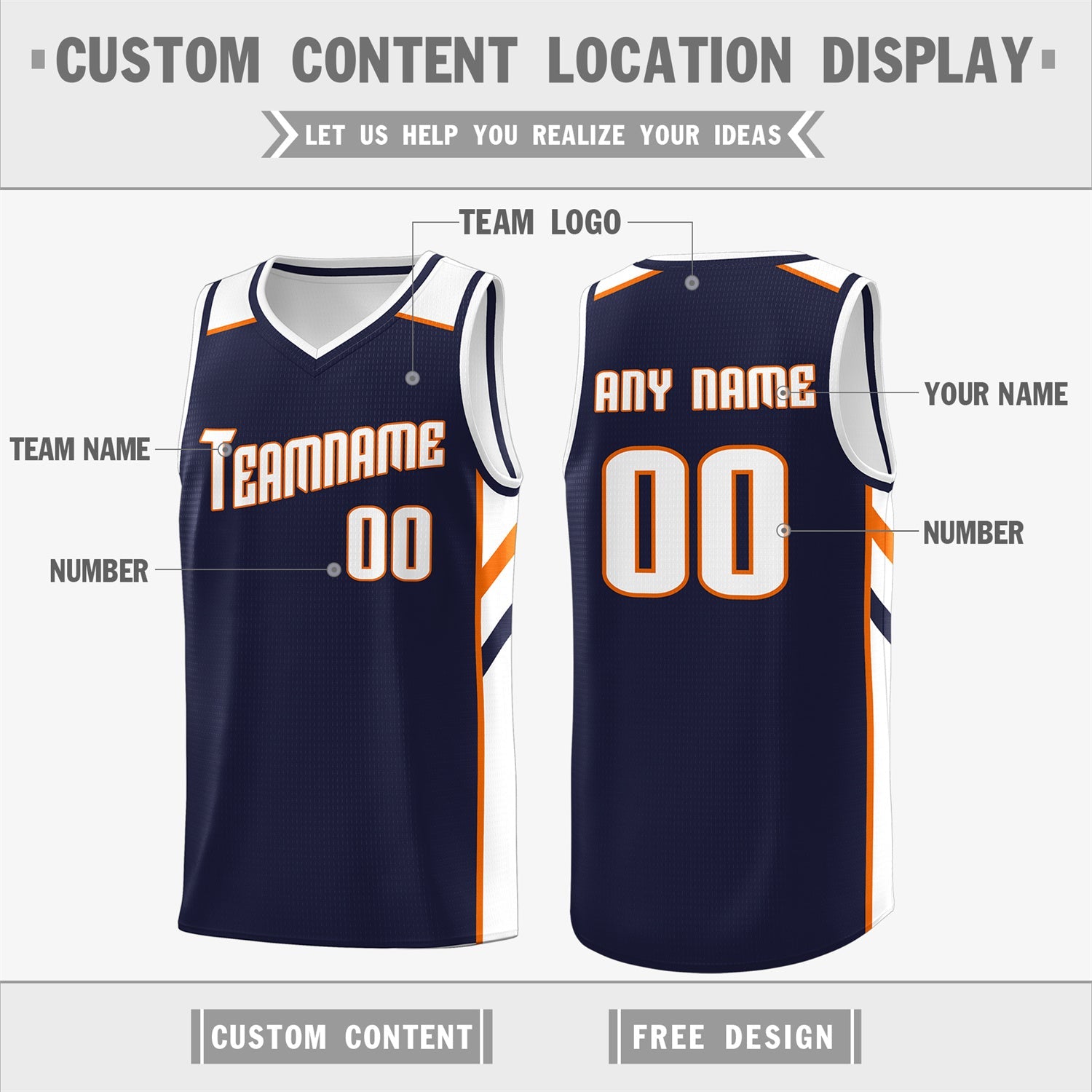 Custom Navy Orange-White Classic Tops Men/Boy Athletic Basketball Jersey