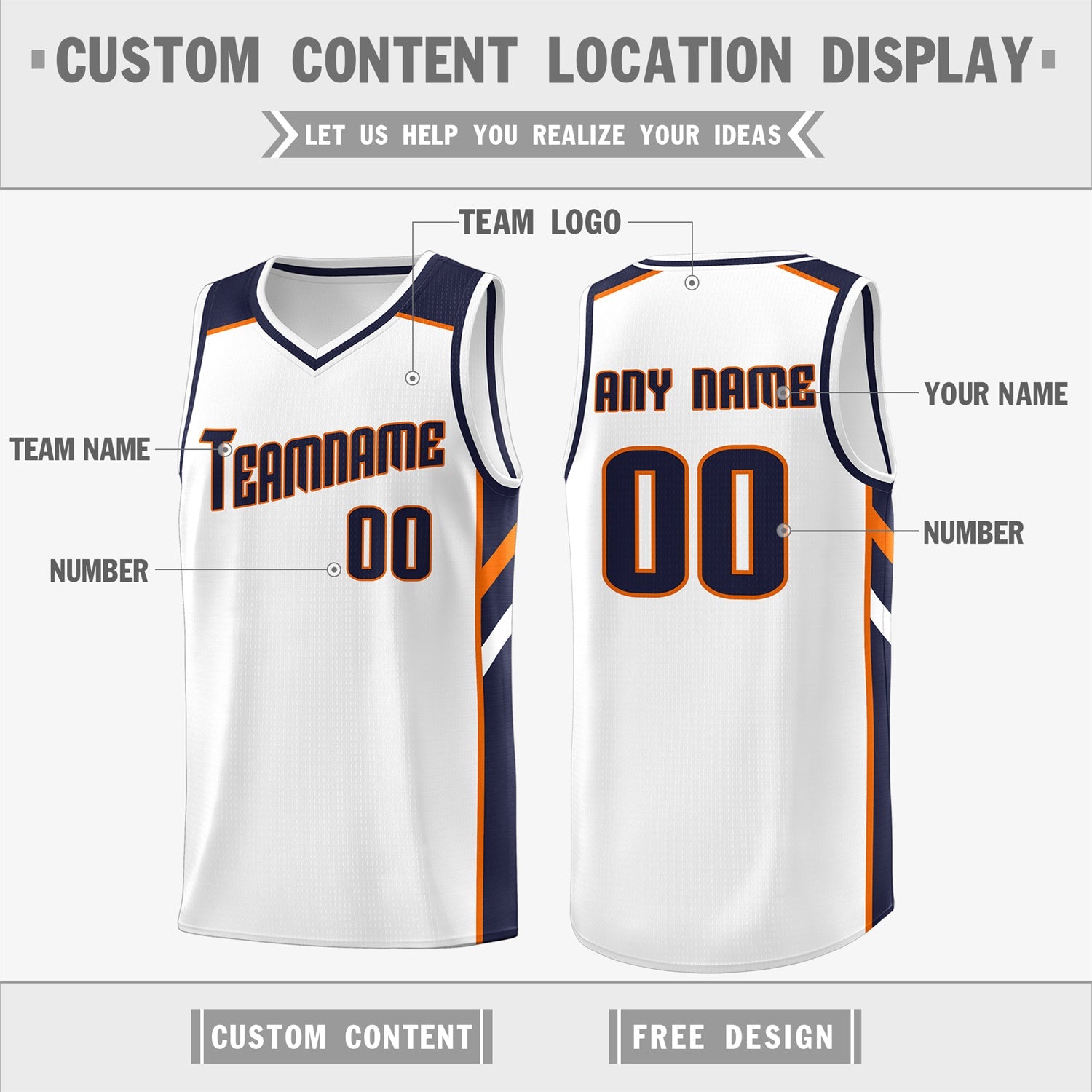 Custom White Navy-Orange Classic Tops Men/Boy Athletic Basketball Jersey