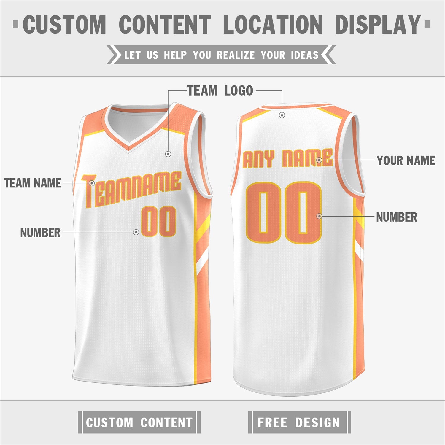 Custom White Orange Classic Tops Breathable Basketball Jersey