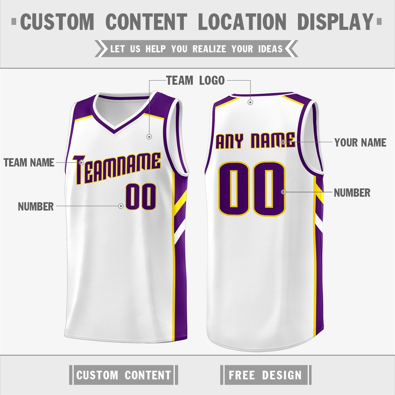 Custom White Purple-Yellow Classic Tops Breathable Basketball Jersey