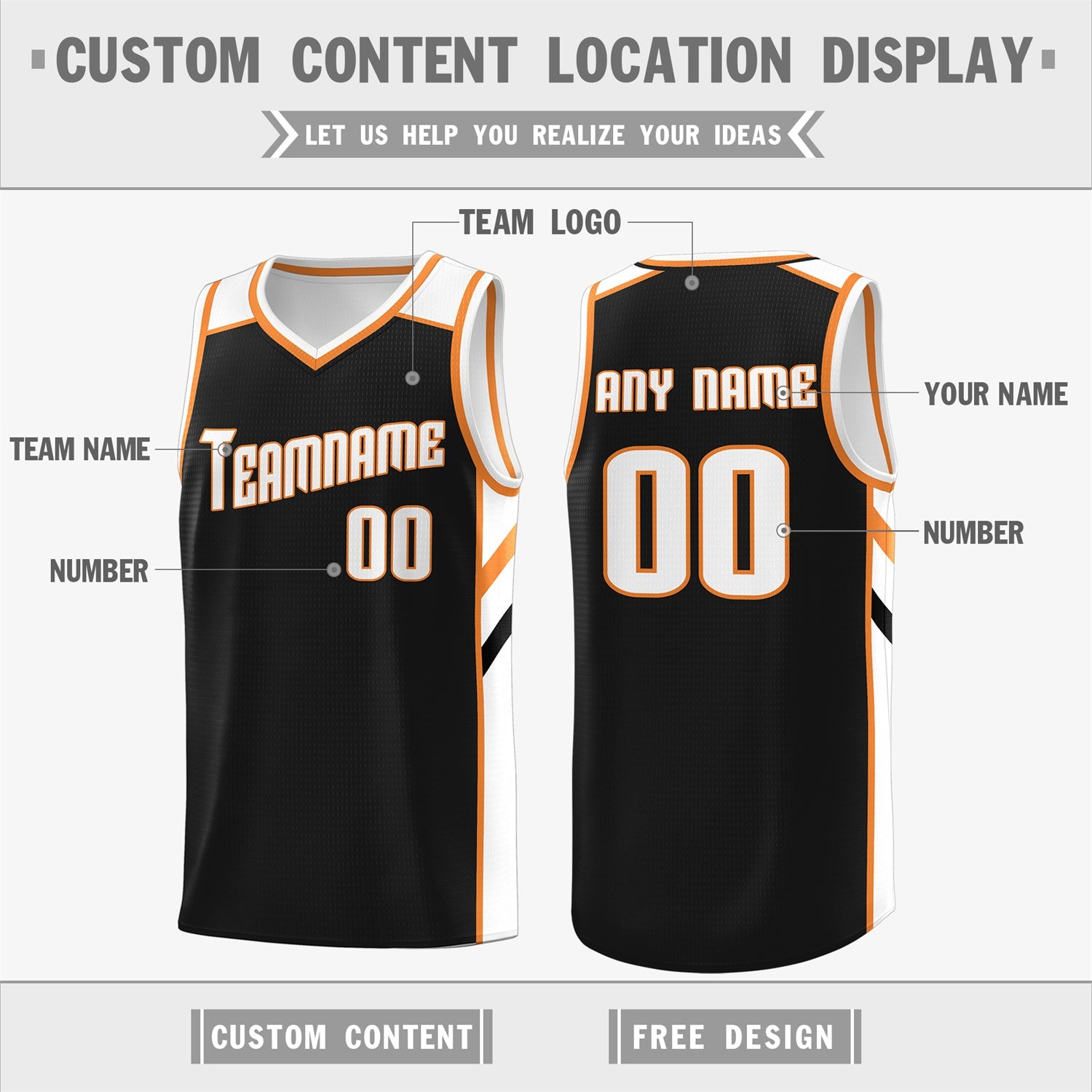 Custom Black White-Orange Classic Tops Fashion Sportwear Basketball Jersey