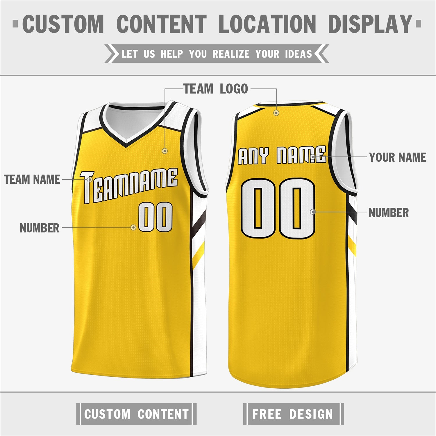 Custom Yellow White Classic Tops Breathable Basketball Jersey