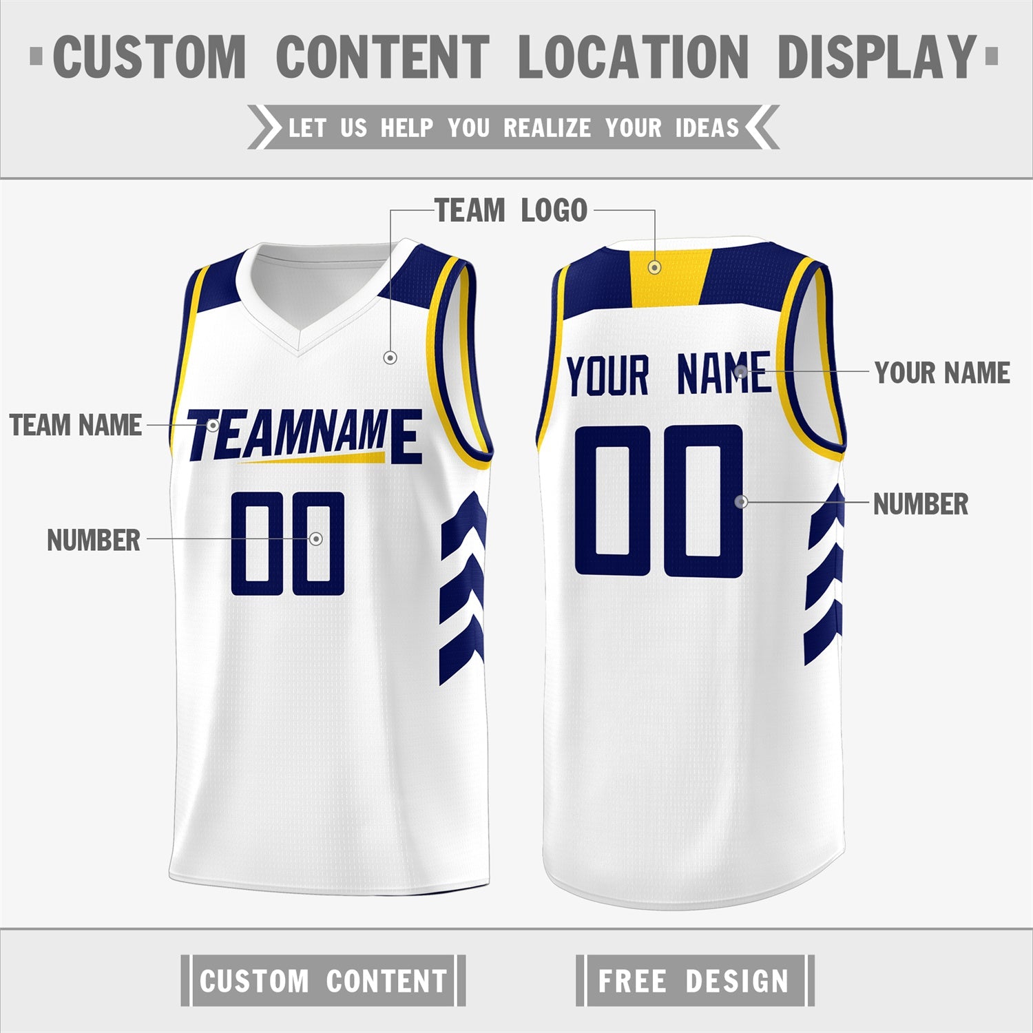 Custom White Navy-Yellow Classic Tops Mesh Sport Basketball Jersey