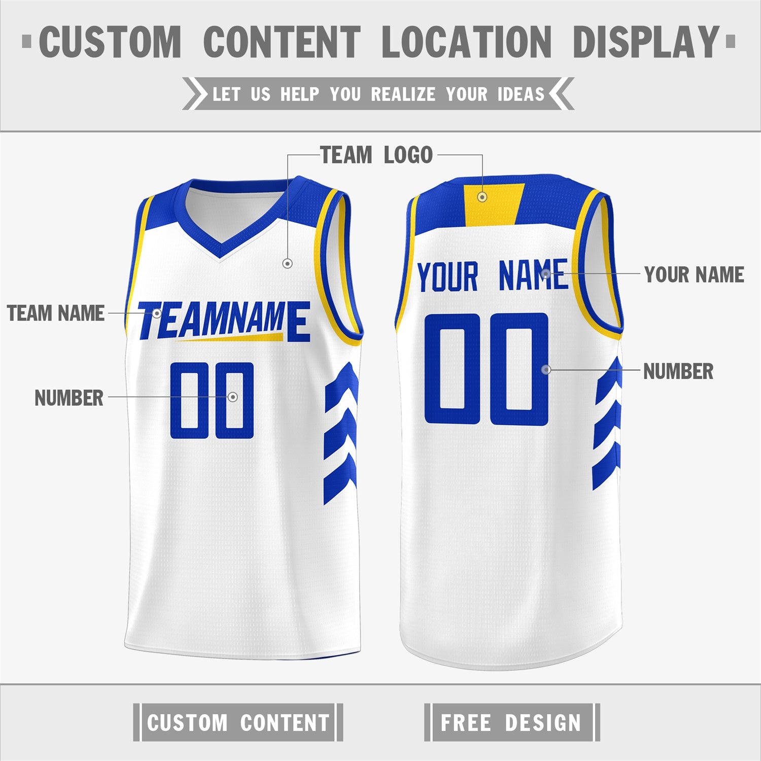 Custom White Yellow-Royal Classic Tops Mesh Sport Basketball Jersey