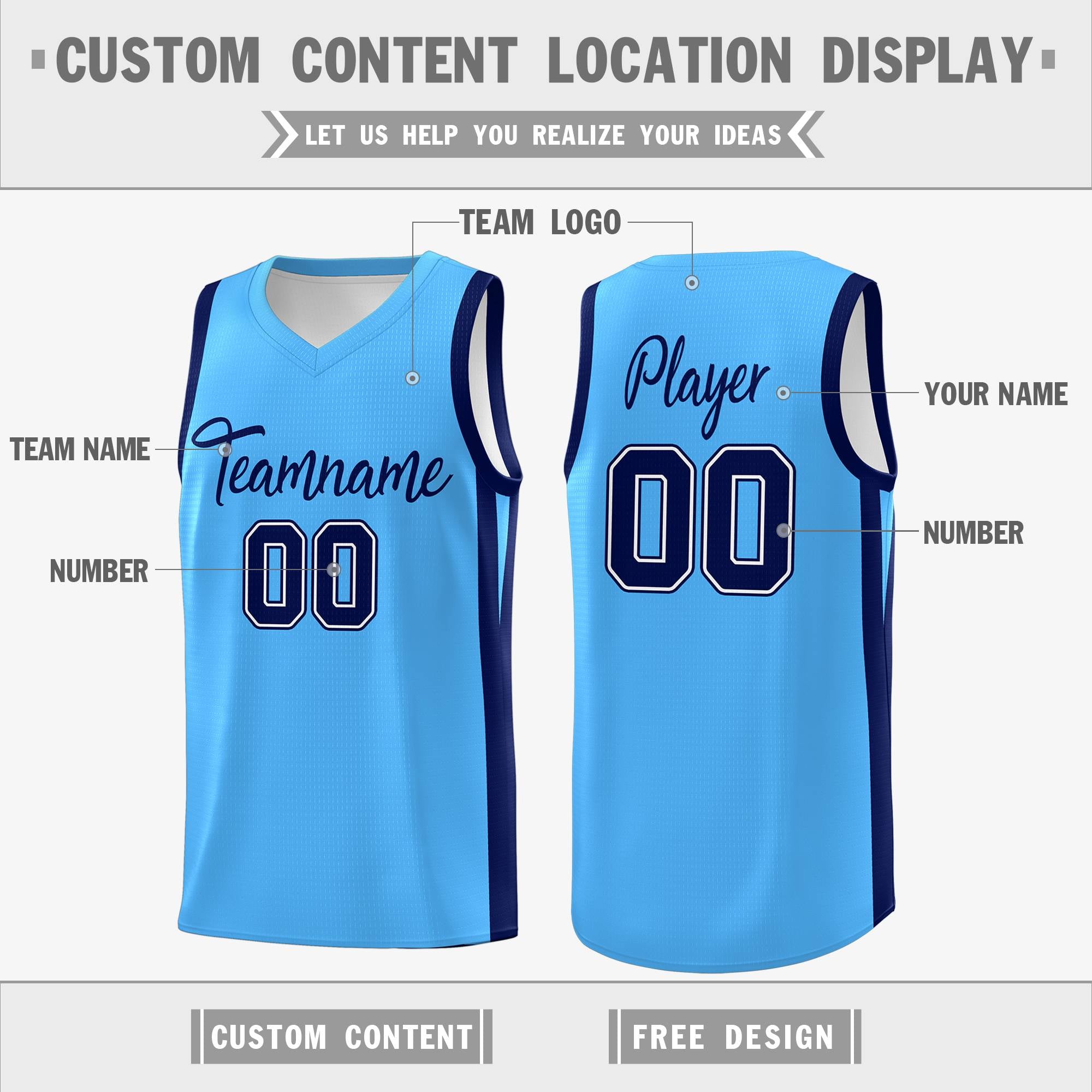 Custom Light Blue White Classic Tops Mesh Sport Basketball Jersey