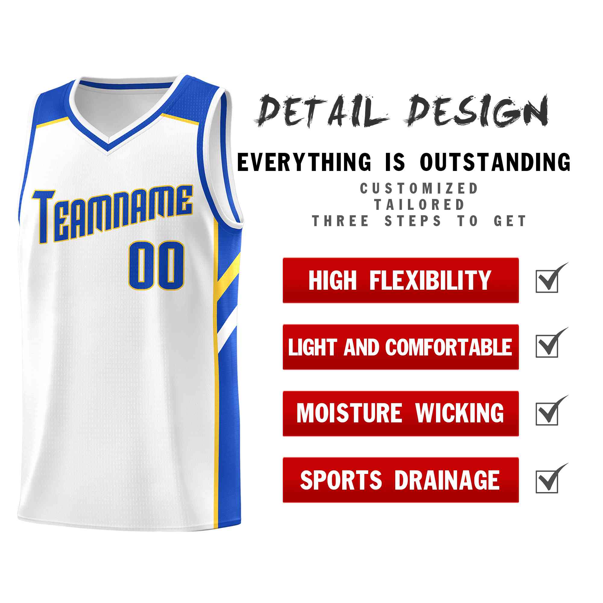 Custom White Blue-Yellow Classic Tops Style Mesh Sport Basketball Jersey