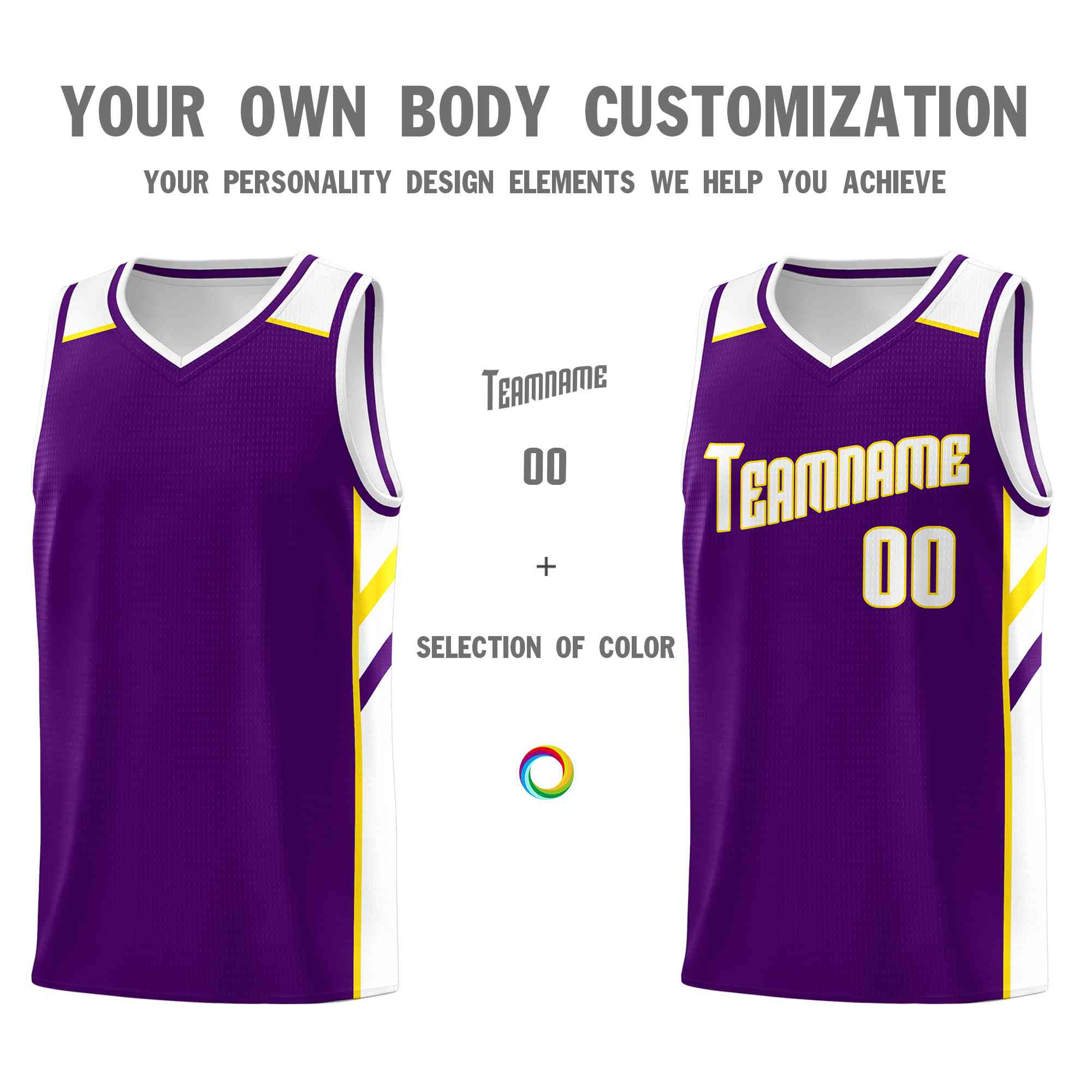 Custom Purple White-Yellow Classic Tops Style Mesh Sport Basketball Jersey