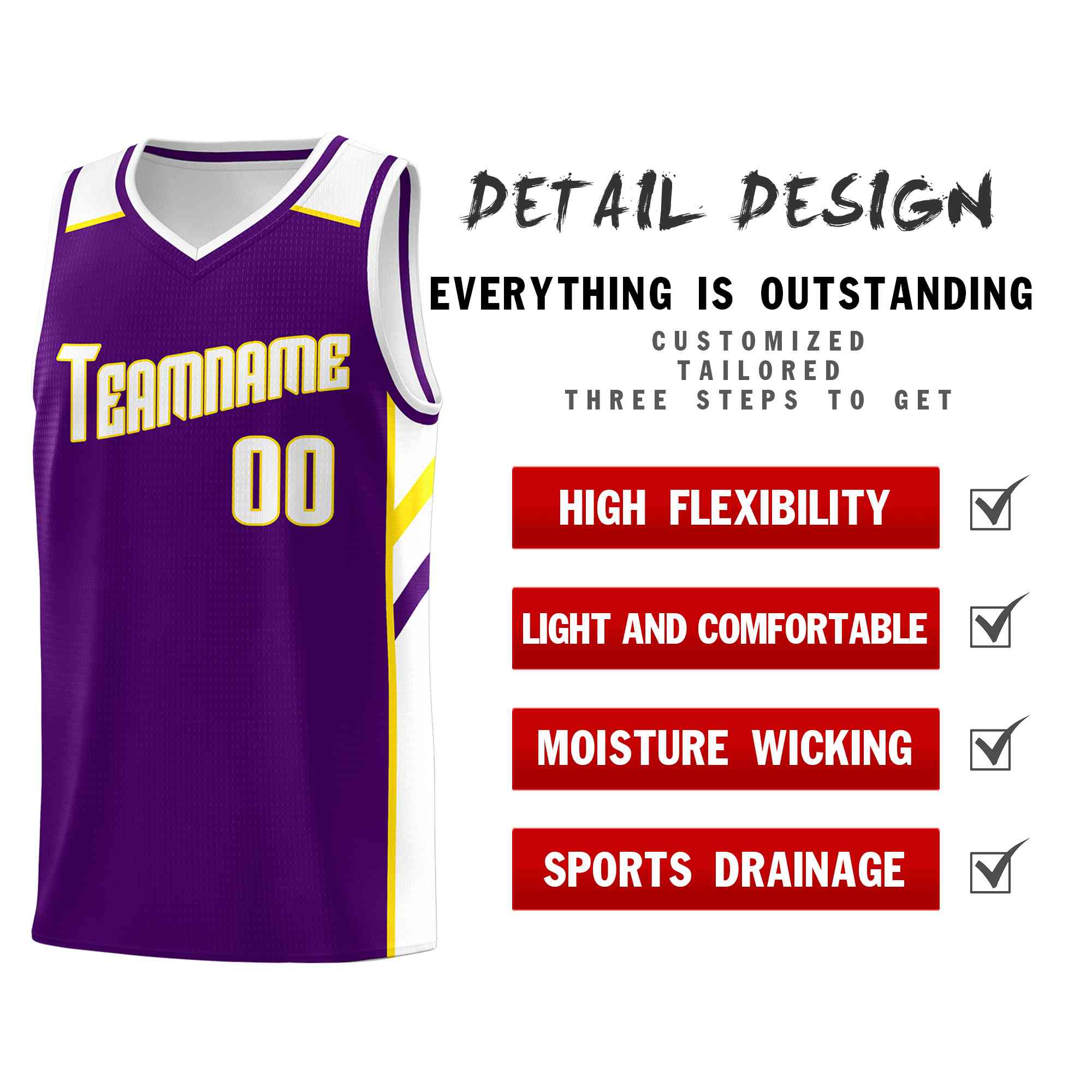 Maillot de basket-ball de Sport en maille, haut classique violet blanc-jaune personnalisé