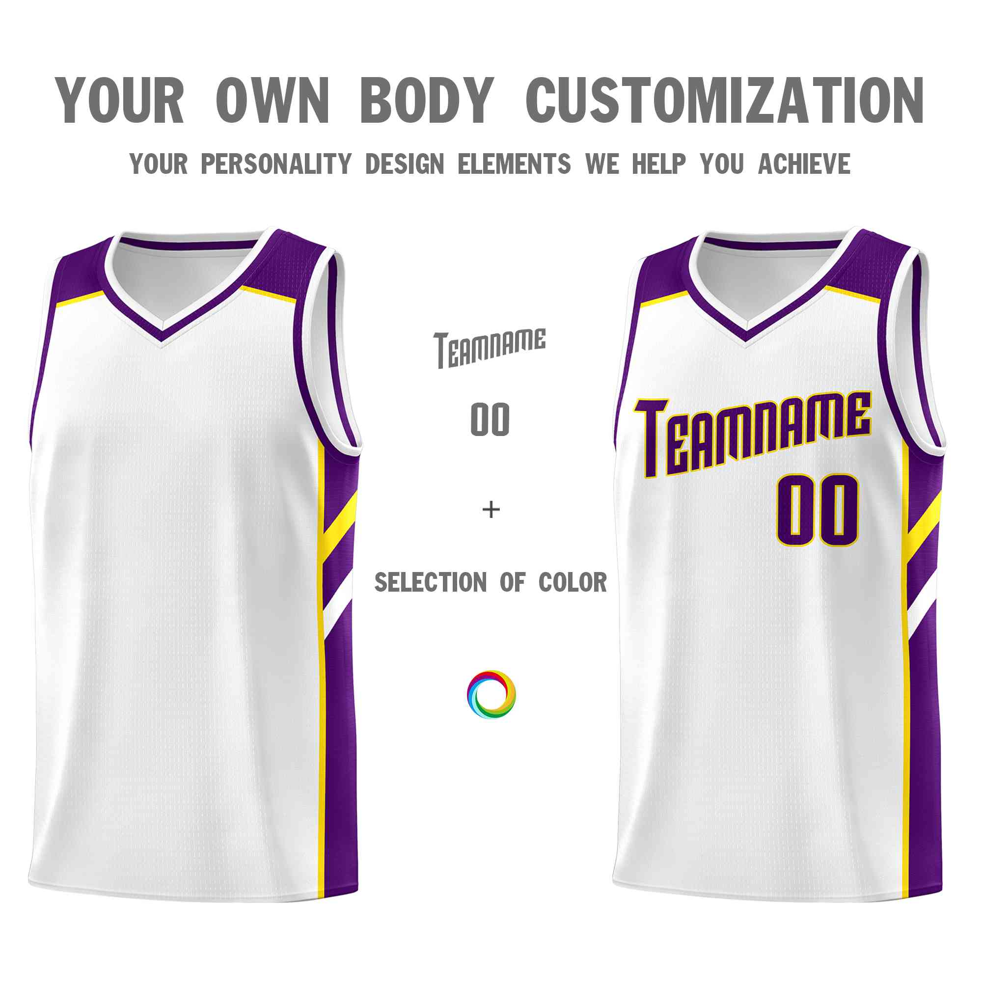 Custom White Purple-Yellow Classic Tops Style Mesh Sport Basketball Jersey