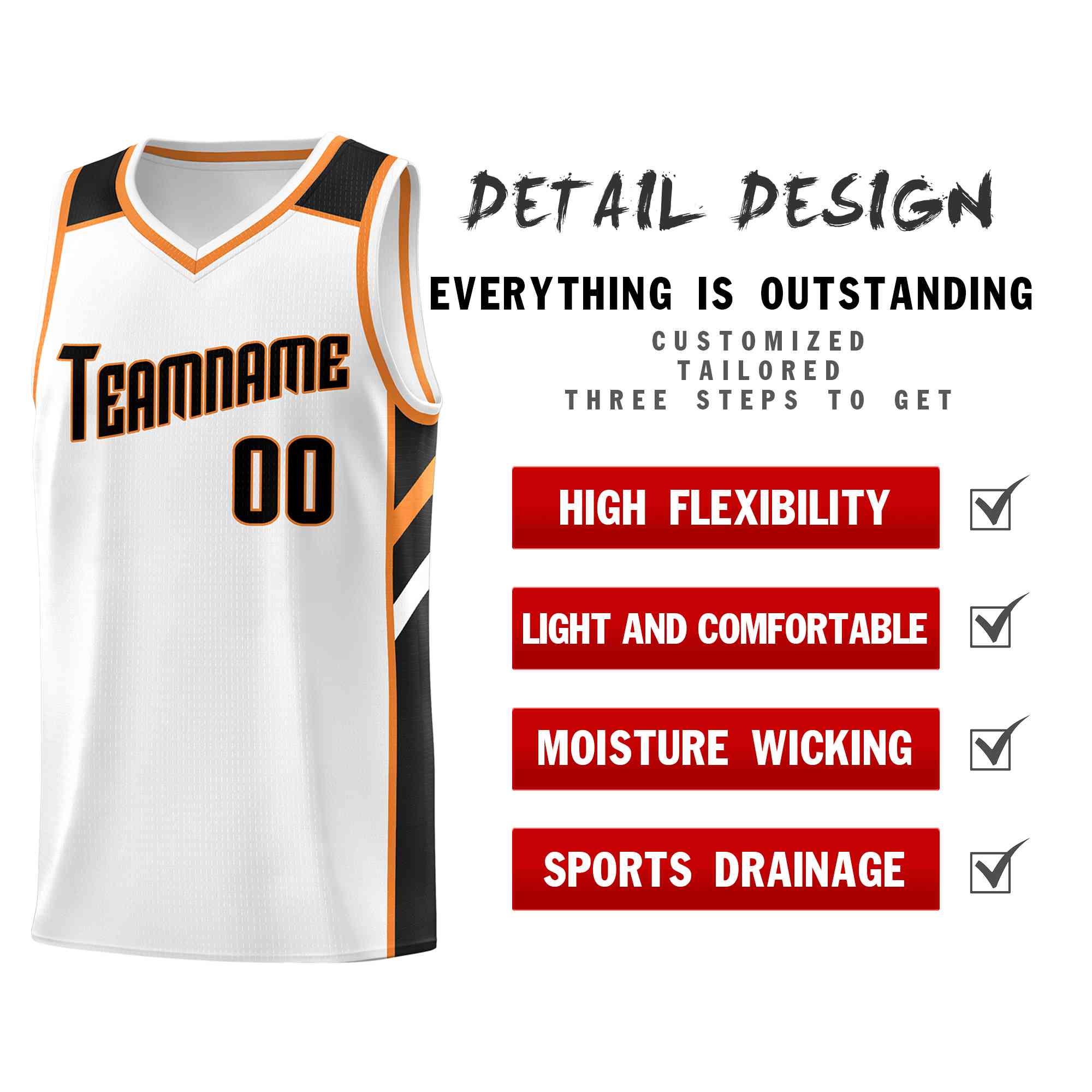 Custom White Black-Orange Classic Tops Style Mesh Sport Basketball Jersey