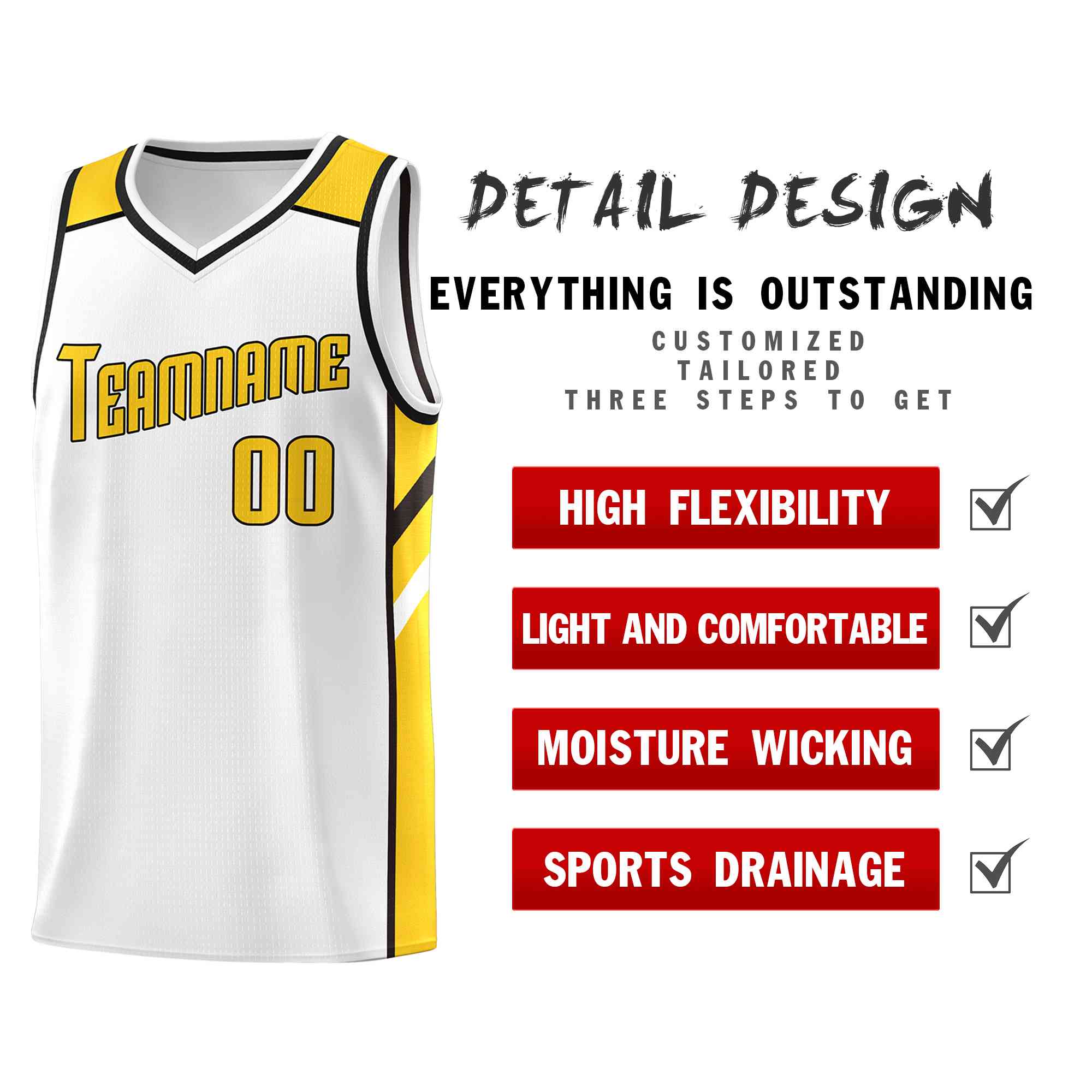 Custom White Yellow-Black Classic Tops Style Mesh Sport Basketball Jersey