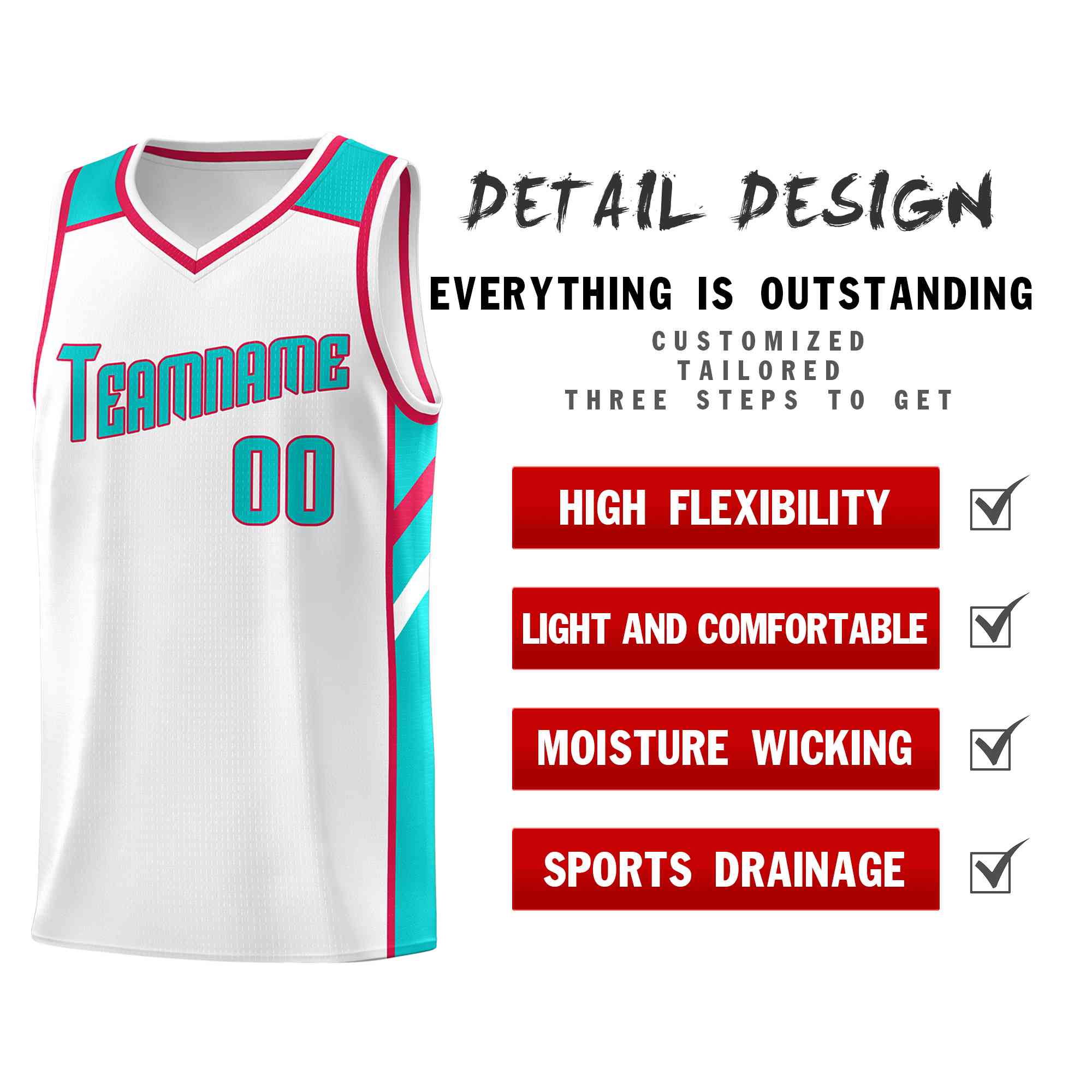 Custom White Aqua-Red Classic Tops Style Mesh Sport Basketball Jersey