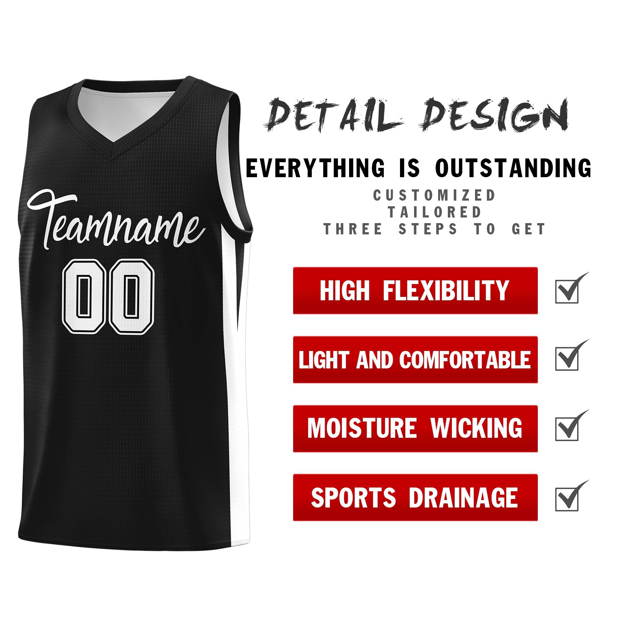 Custom Black White Classic Tops Sports Personalized Basketball Jersey