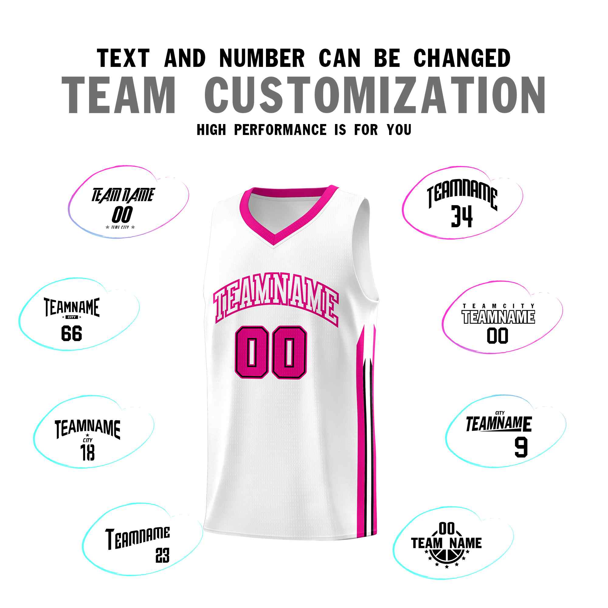 Le classique rose blanc fait sur commande place le maillot uniforme de basket-ball de sports