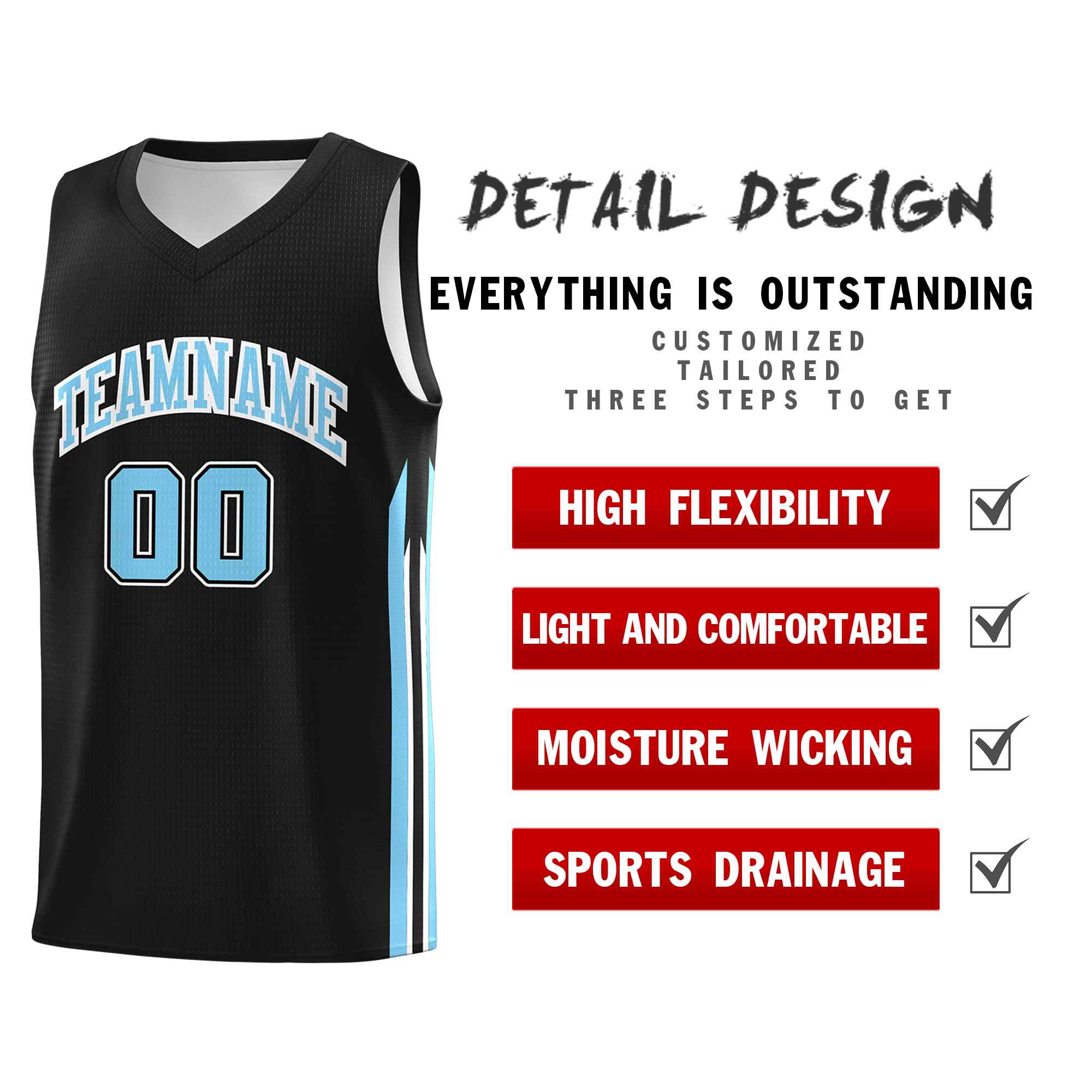 Custom Black Light Blue-White Classic Sets Sports Uniform Basketball Jersey