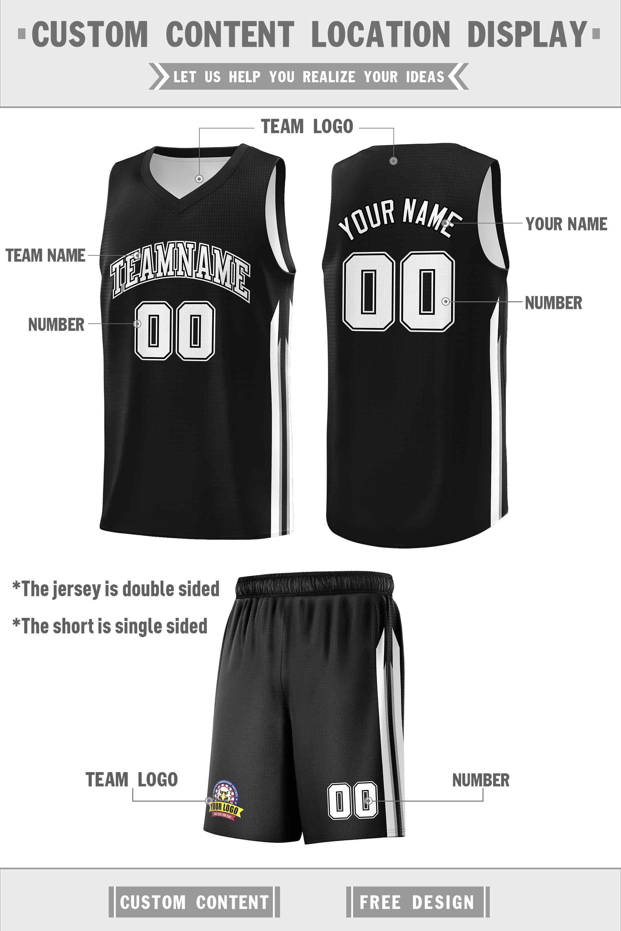 Ensembles classiques noirs blancs-noirs personnalisés, maillot de basket-ball uniforme de sport