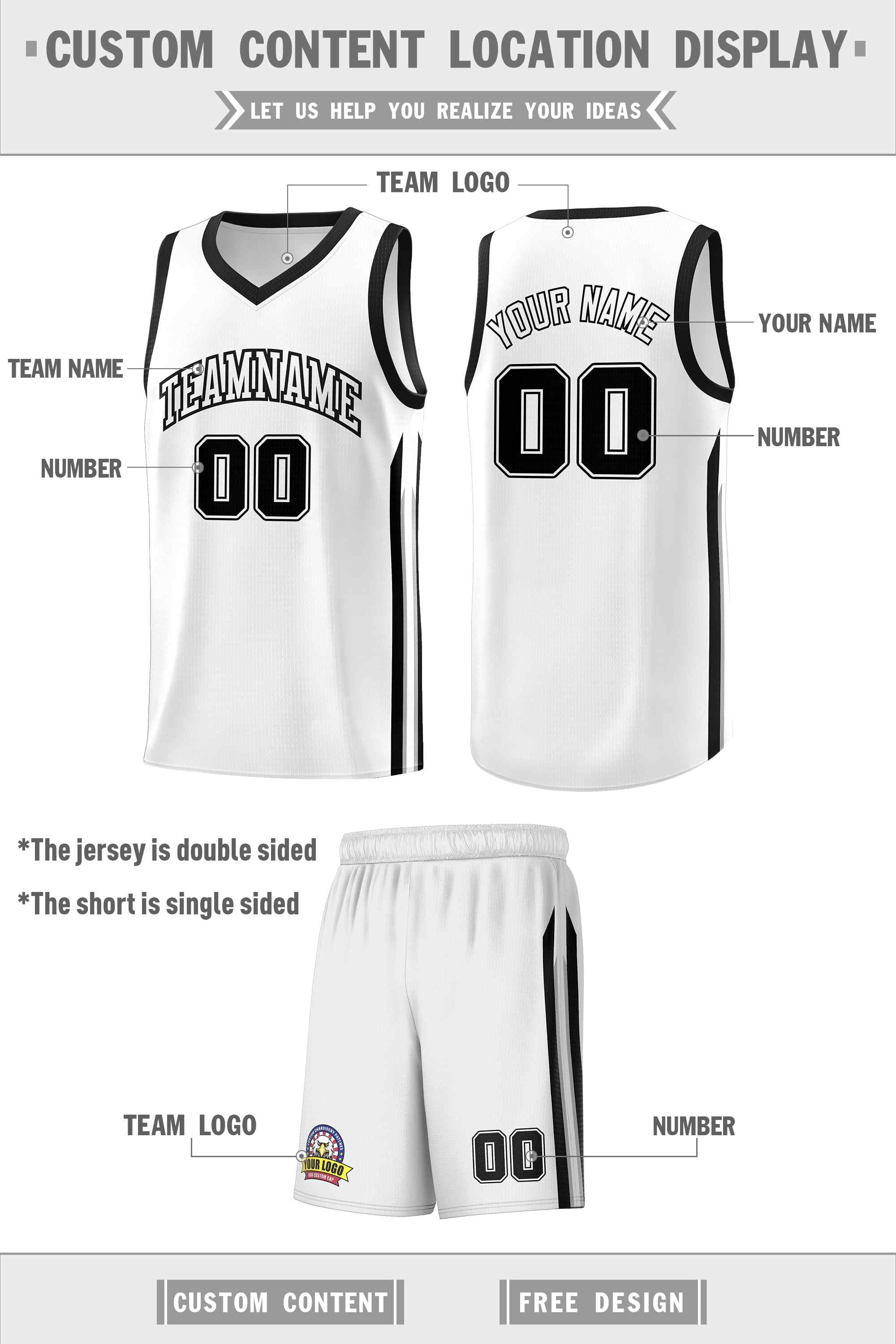 Custom White Black Classic Sets Sports Uniform Basketball Jersey