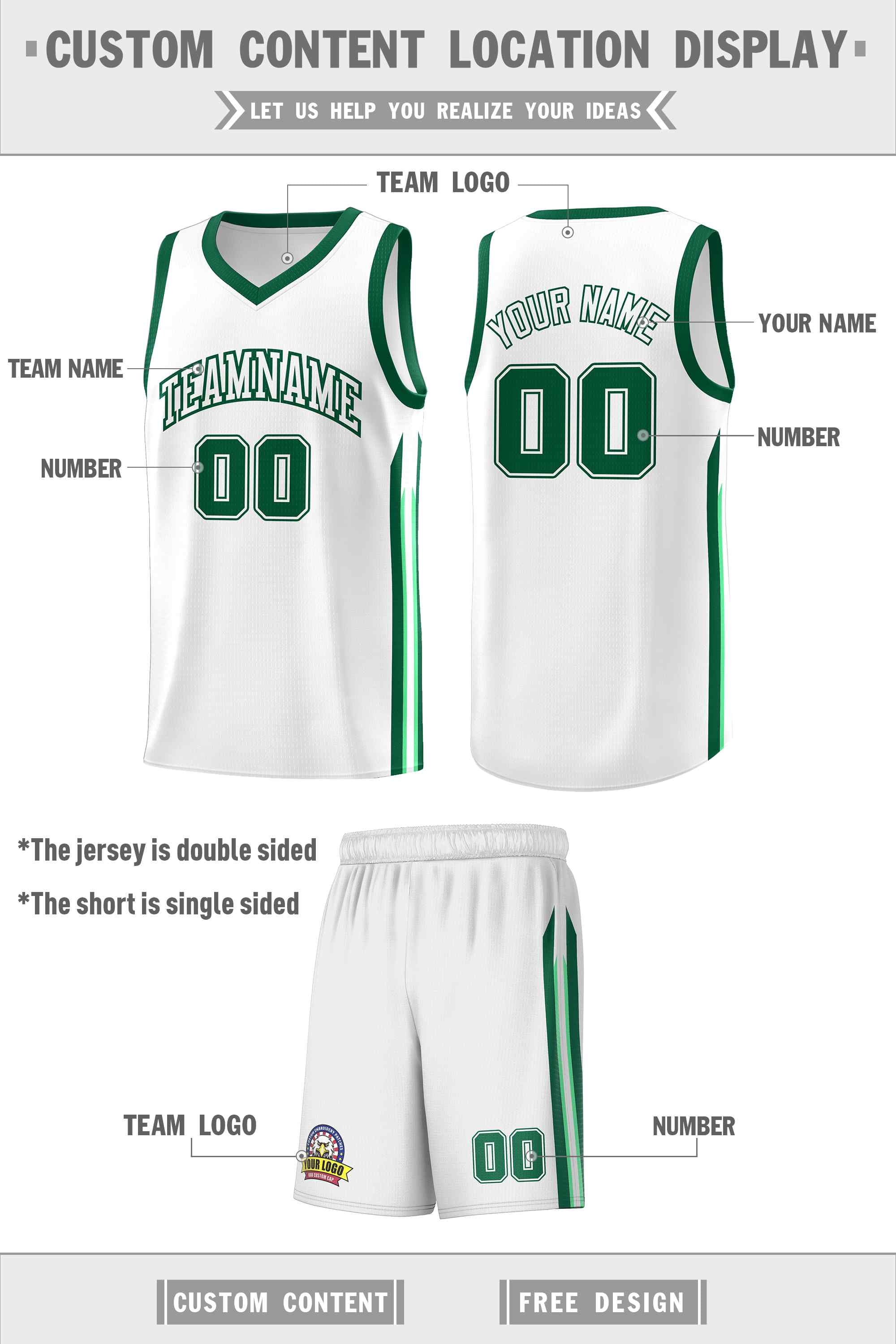 Custom White Green Classic Sets Sports Uniform Basketball Jersey