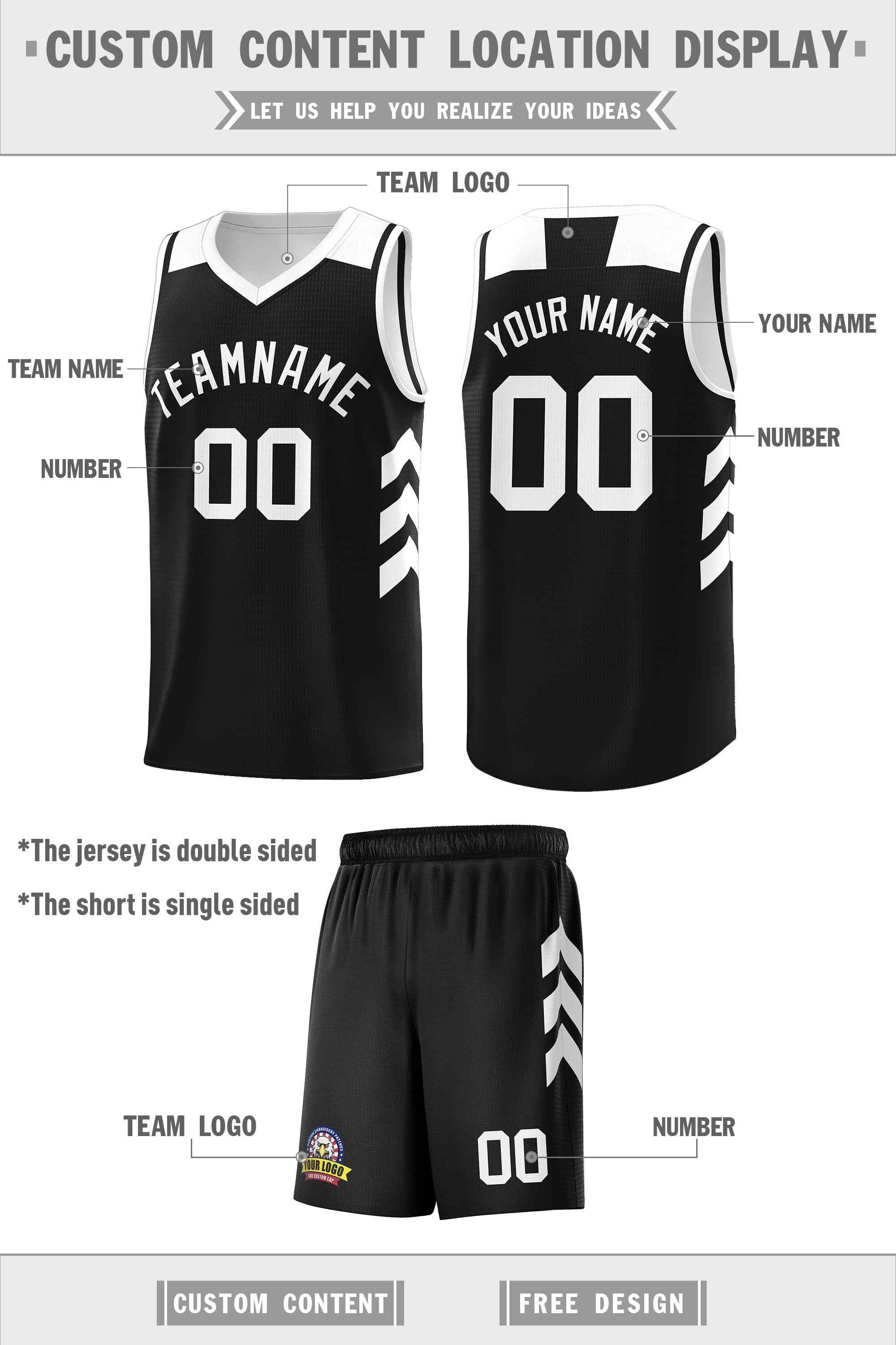 Ensembles classiques noirs et blancs personnalisés, maillot de basket-ball uniforme de sport