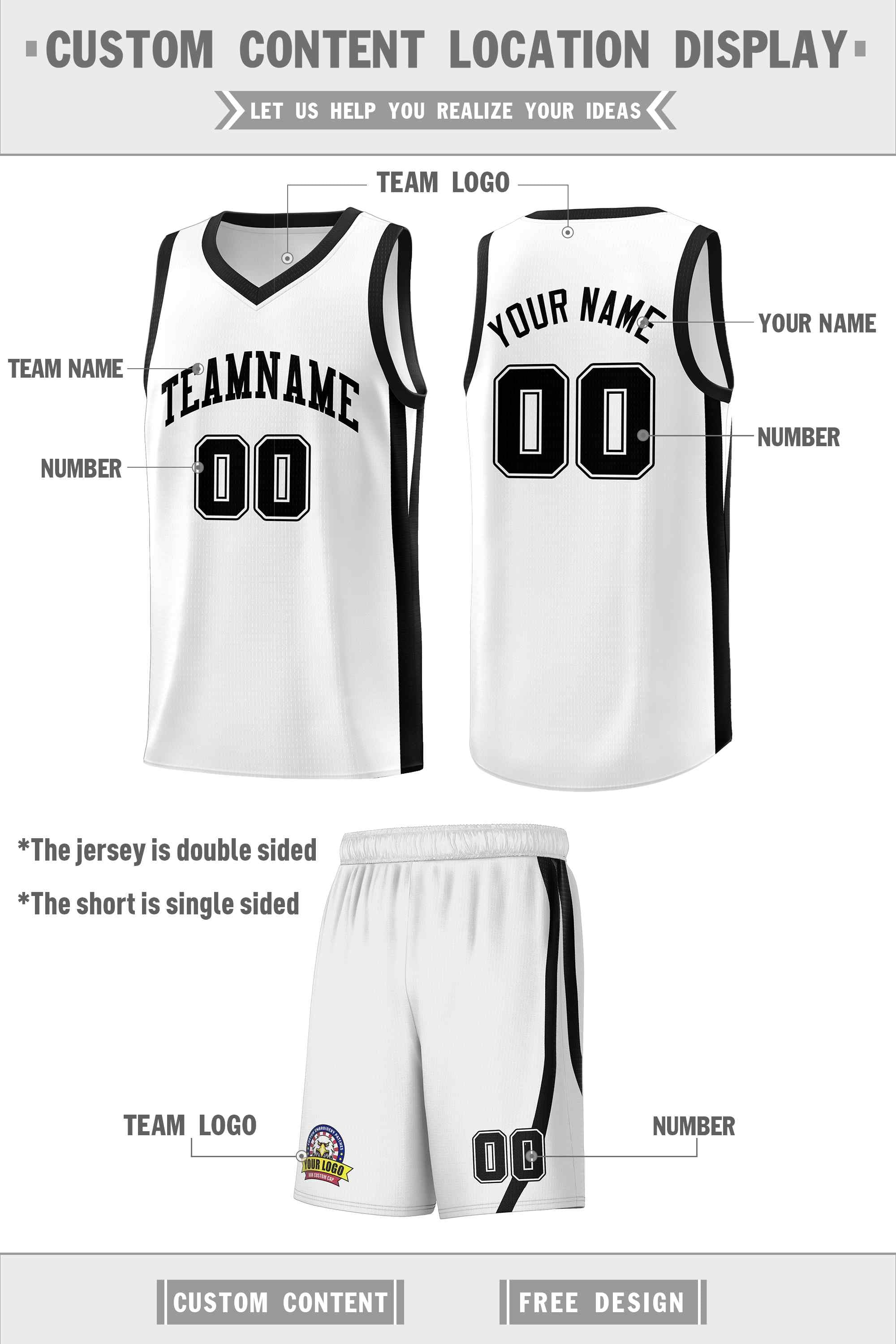 Custom White Black Classic Sets Sports Uniform Basketball Jersey