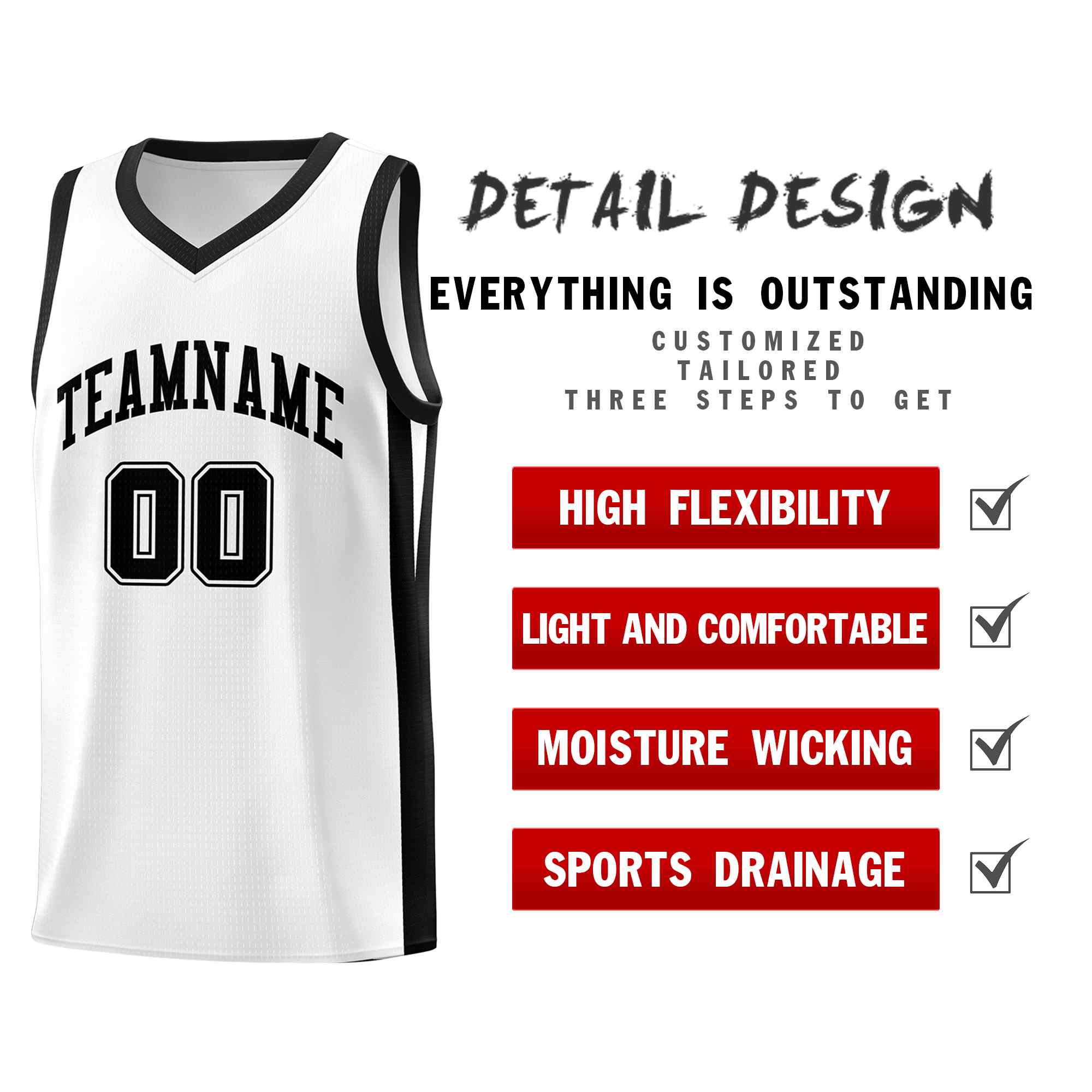 Ensembles classiques noirs et blancs personnalisés, maillot de basket-ball uniforme de sport