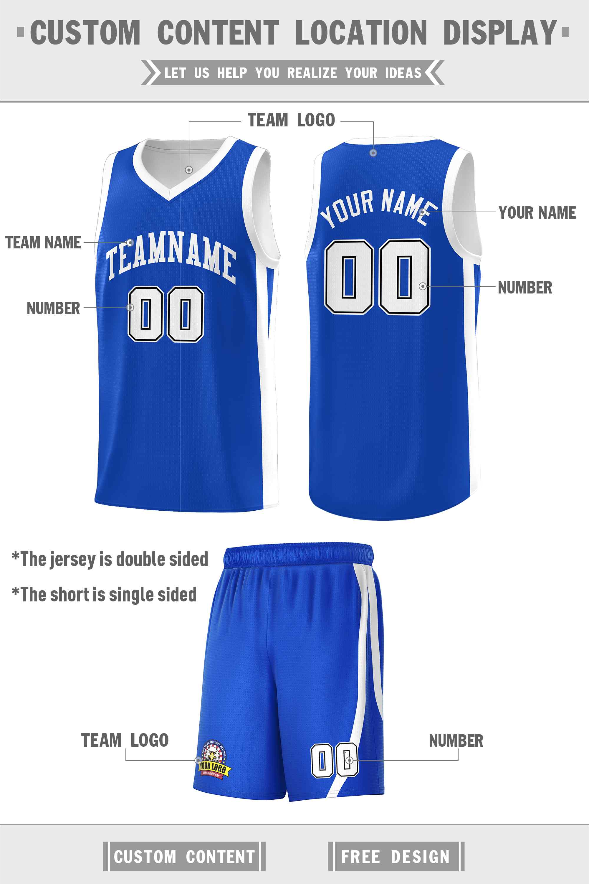 Le classique blanc royal fait sur commande place le maillot de basket-ball uniforme de sport