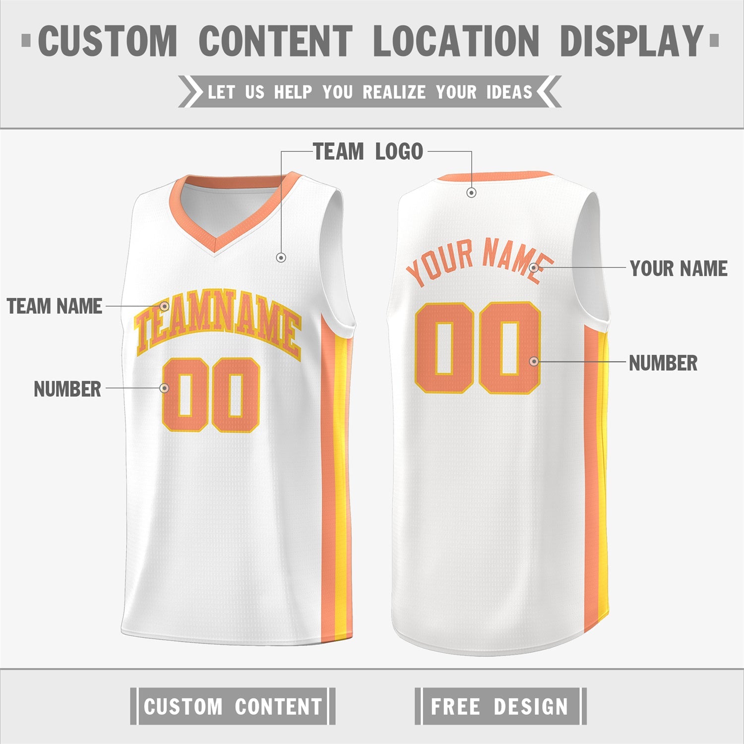 Custom White Orange-Yellow Classic Tops Athletic Casual Basketball Jersey