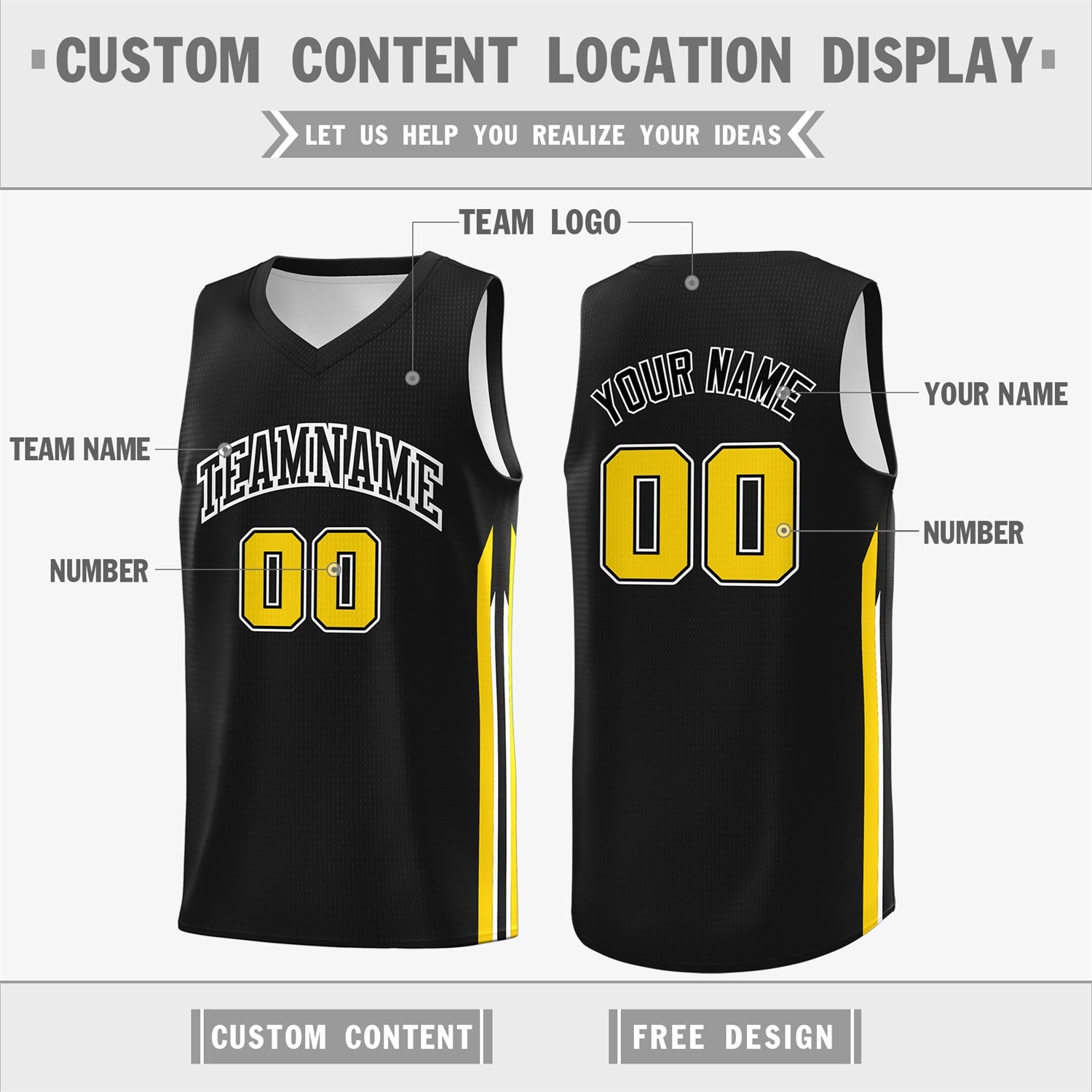 Custom Black Yellow Classic Tops Athletic Casual Basketball Jersey