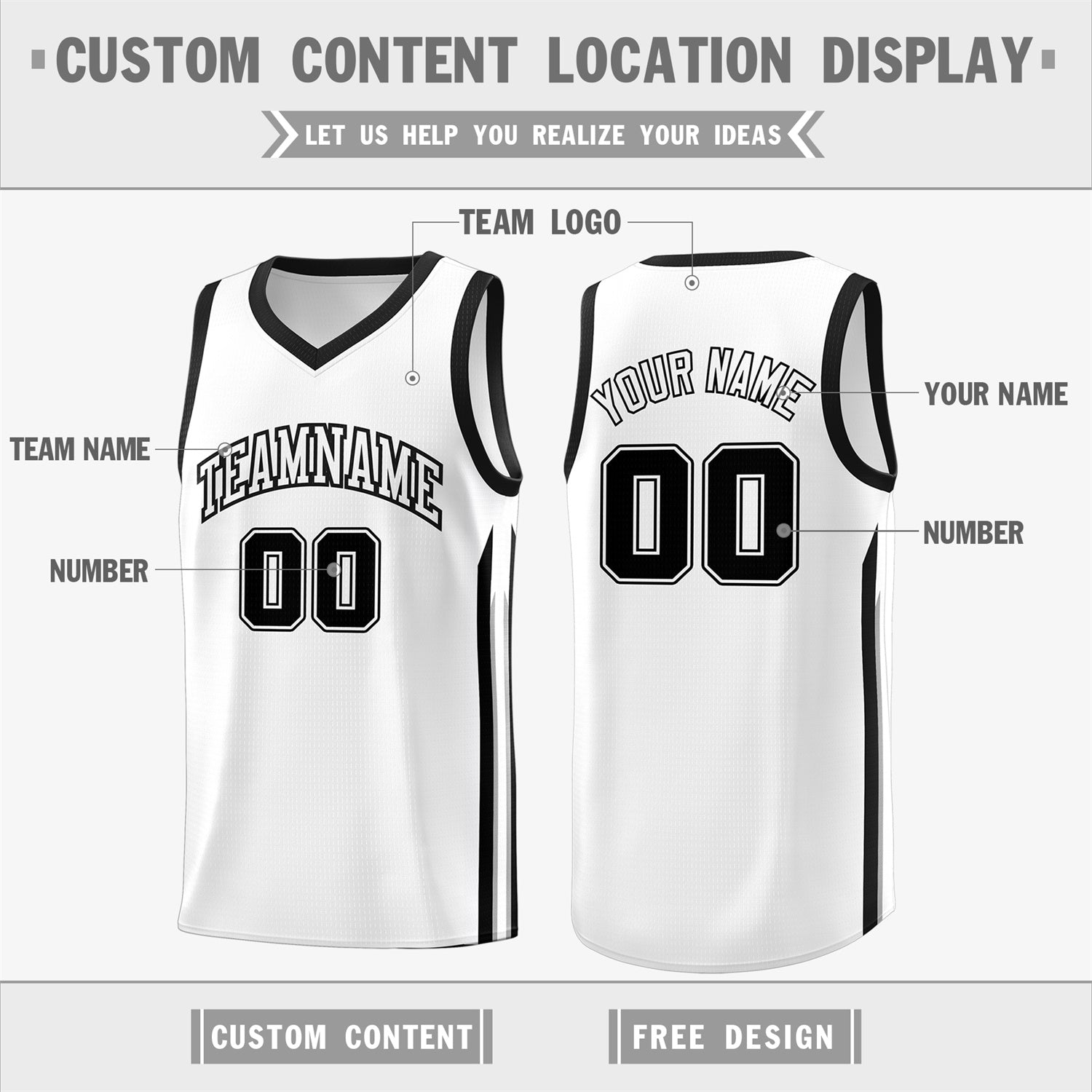 Custom White Black Classic Tops Fashion Sportwear Basketball Jersey