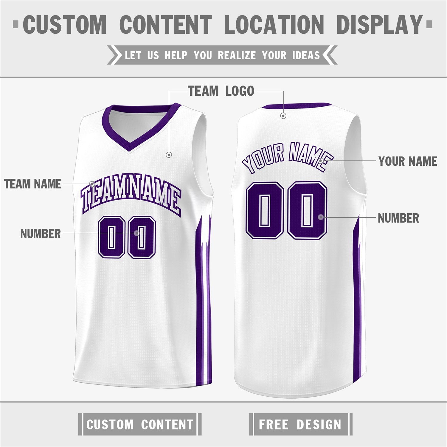 Custom White Purple Classic Tops Fashion Sportwear Basketball Jersey