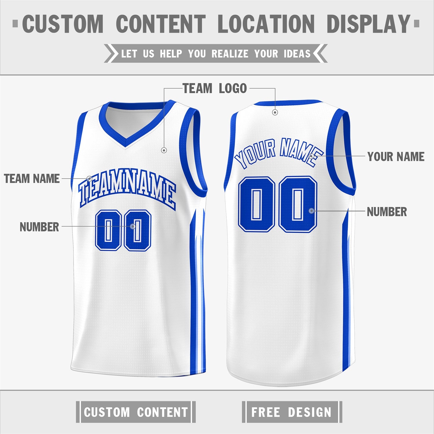 Custom White Royal Classic Tops Fashion Sportwear Basketball Jersey