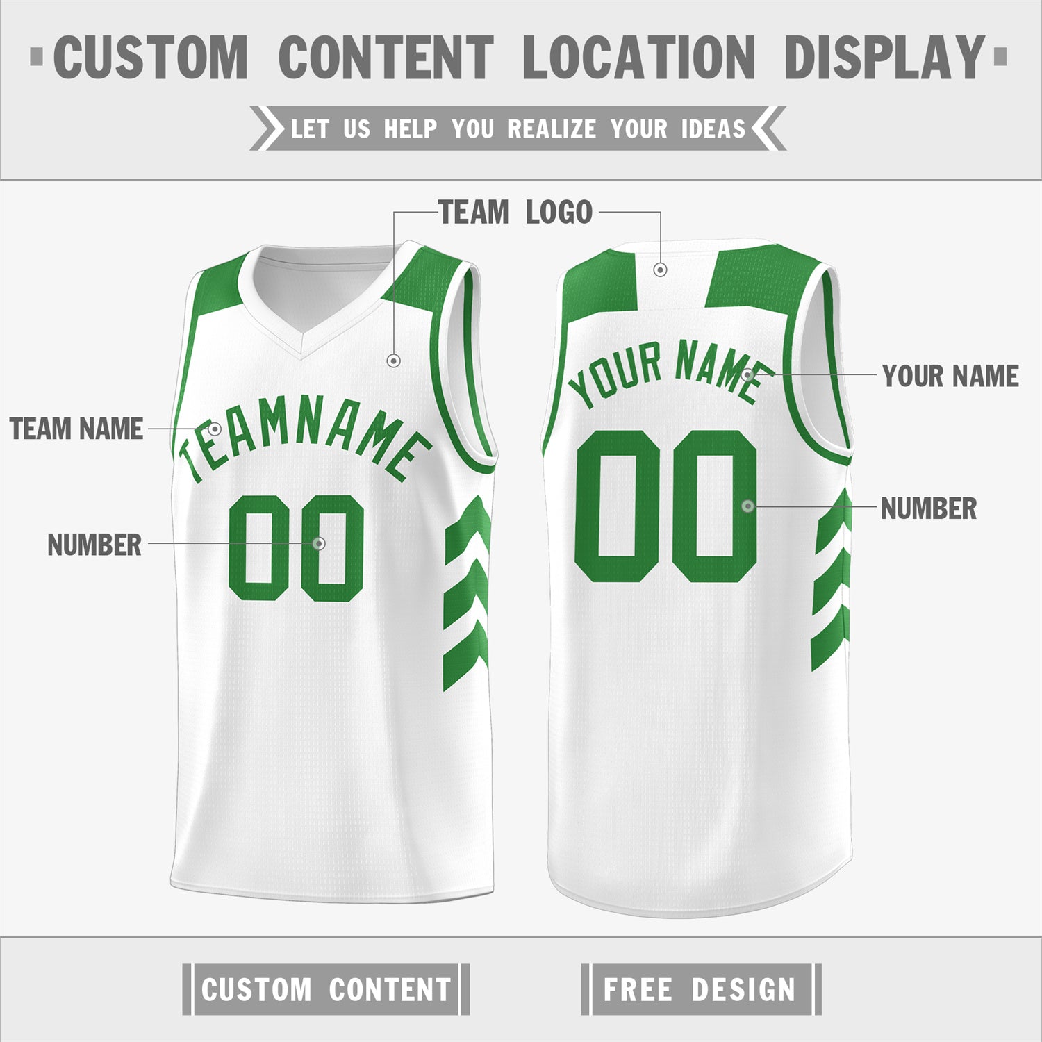 Custom White Green Classic Tops Fashion Sportwear Basketball Jersey