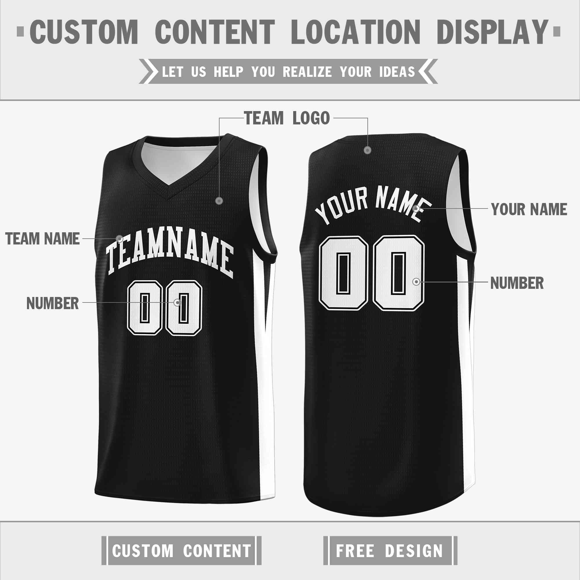 Custom Black White Classic Tops Mesh Sport Basketball Jersey