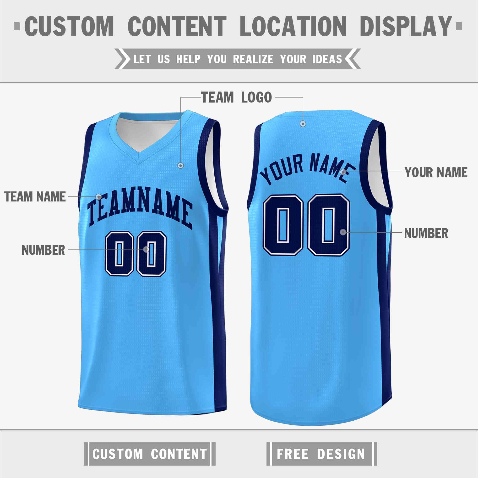 Custom Light Blue White Classic Tops Mesh Sport Basketball Jersey