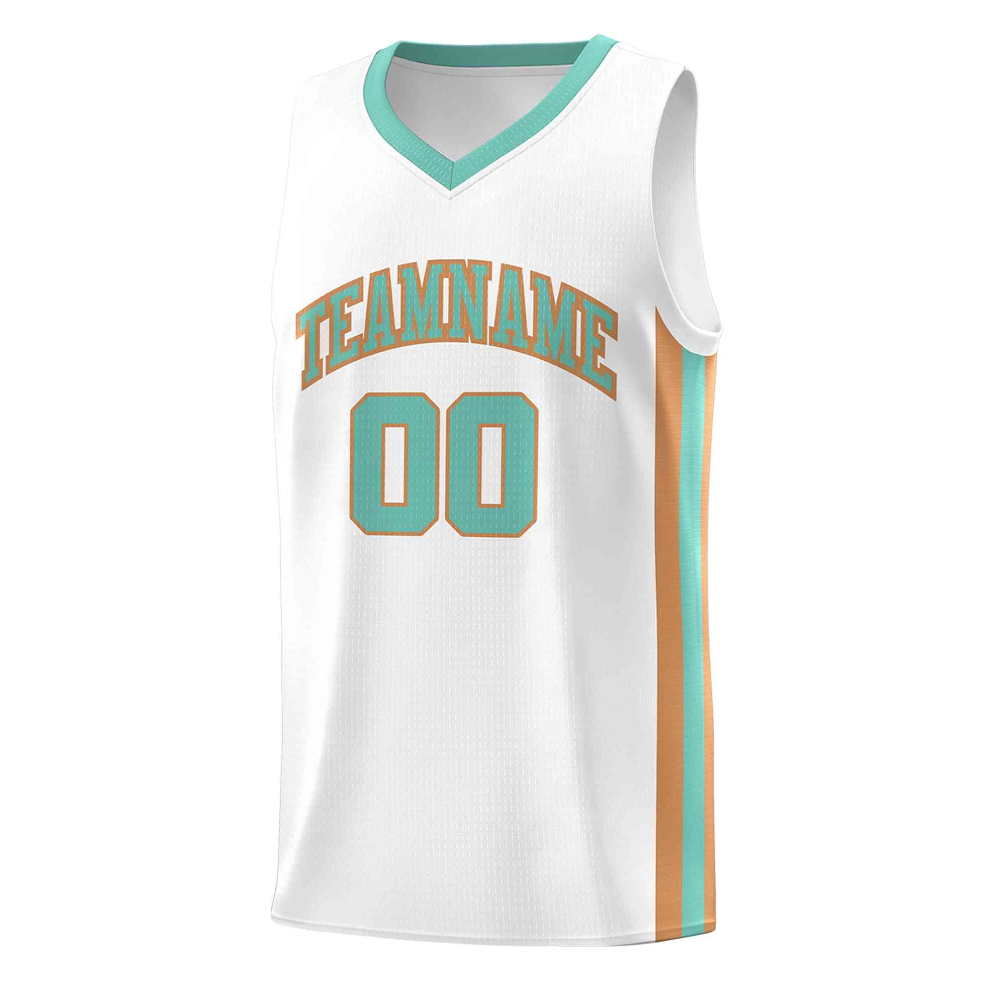 Custom White Teal-Old Gold Classic Tops Mesh Sport Basketball Jersey