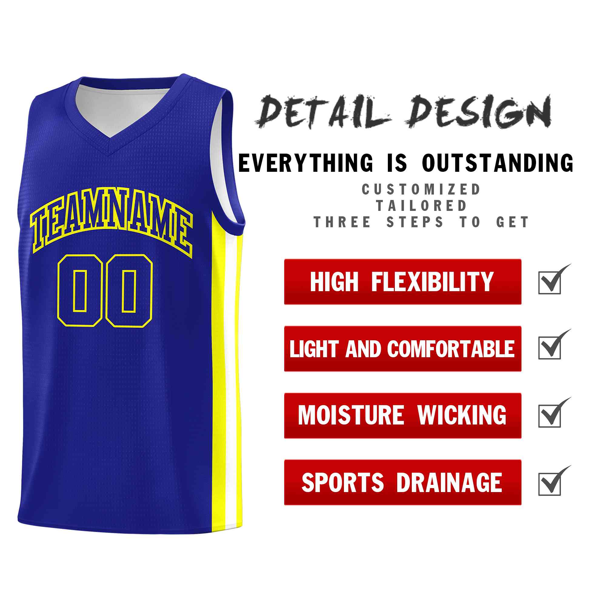 Maillot de basket-ball de sport en maille personnalisé, jaune Royal-classique, personnalisé