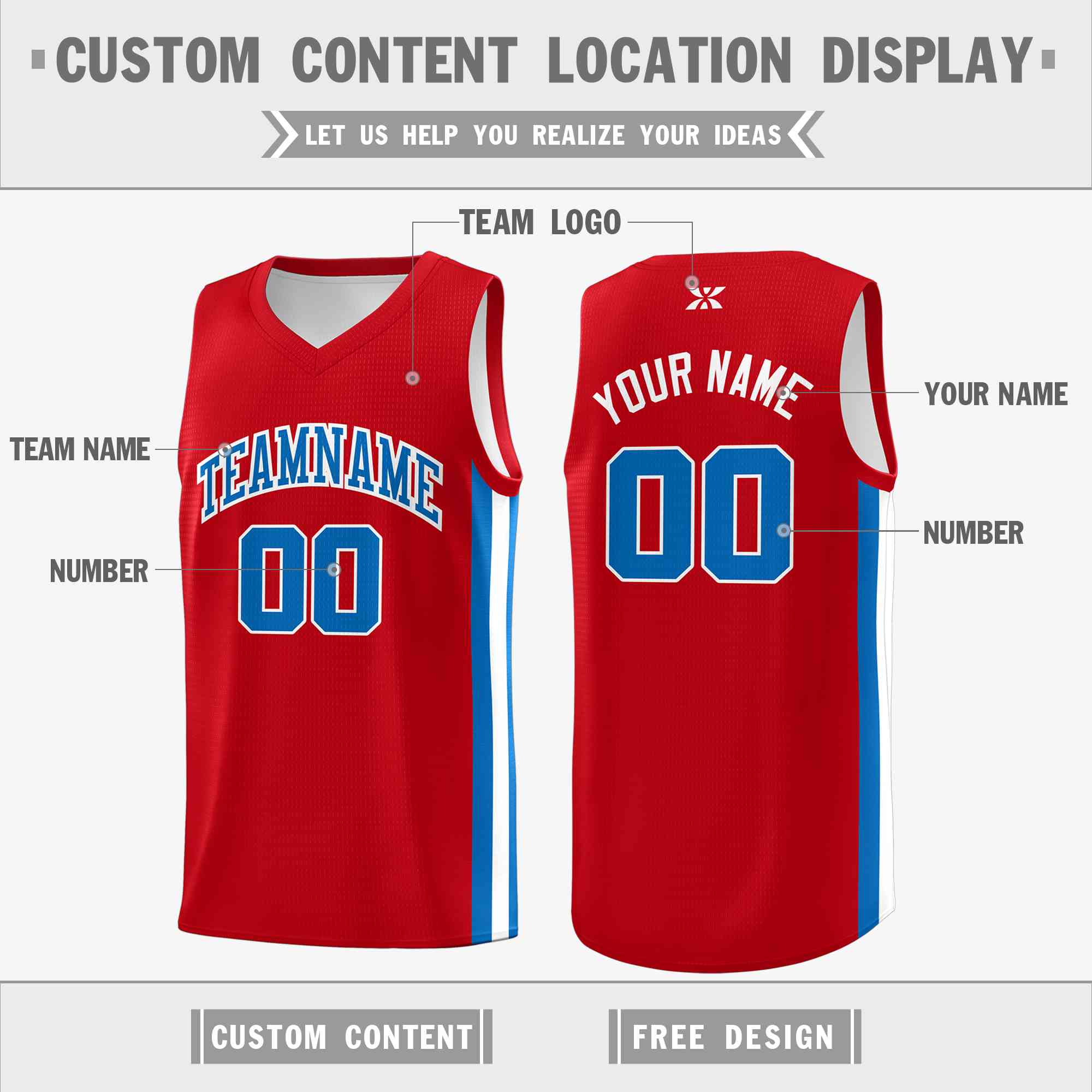 Custom Red Light Blue-White Classic Tops Mesh Sport Basketball Jersey