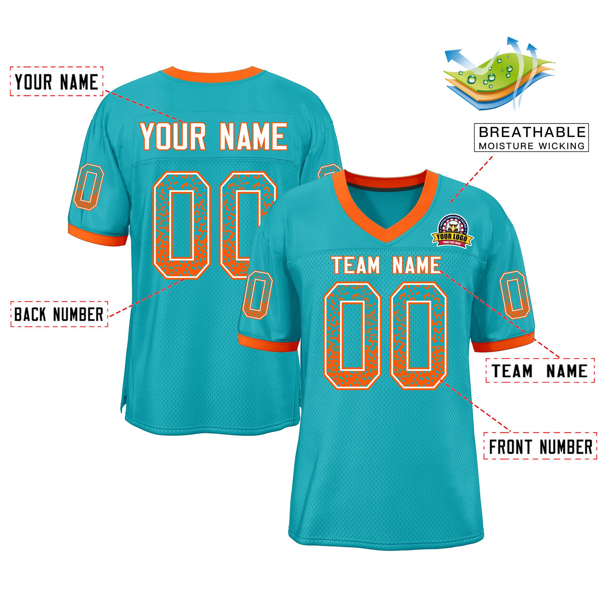 Custom Aqua White-Orange Drift Fashion Mesh Authentic Football Jersey