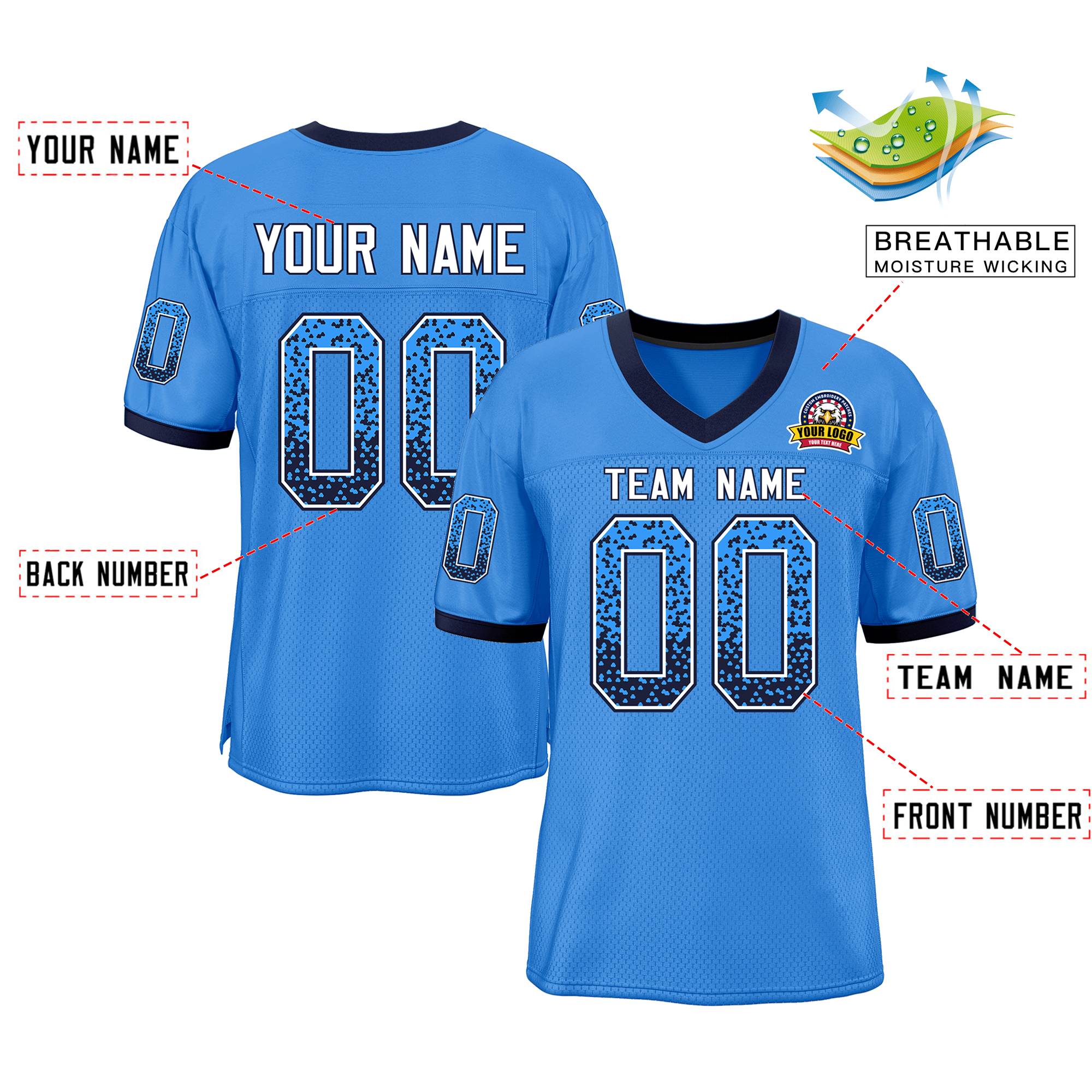 Custom Powder Blue Navy-White Drift Fashion Mesh Authentic Football Jersey