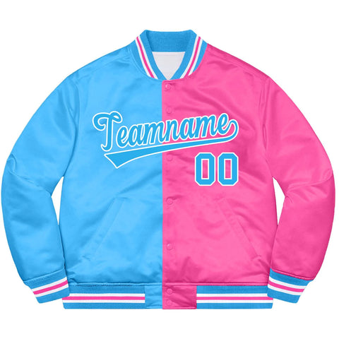 Custom Pink Light Blue-White Letterman Two Tone Split Fashion Bomber Varsity Jacket for Team