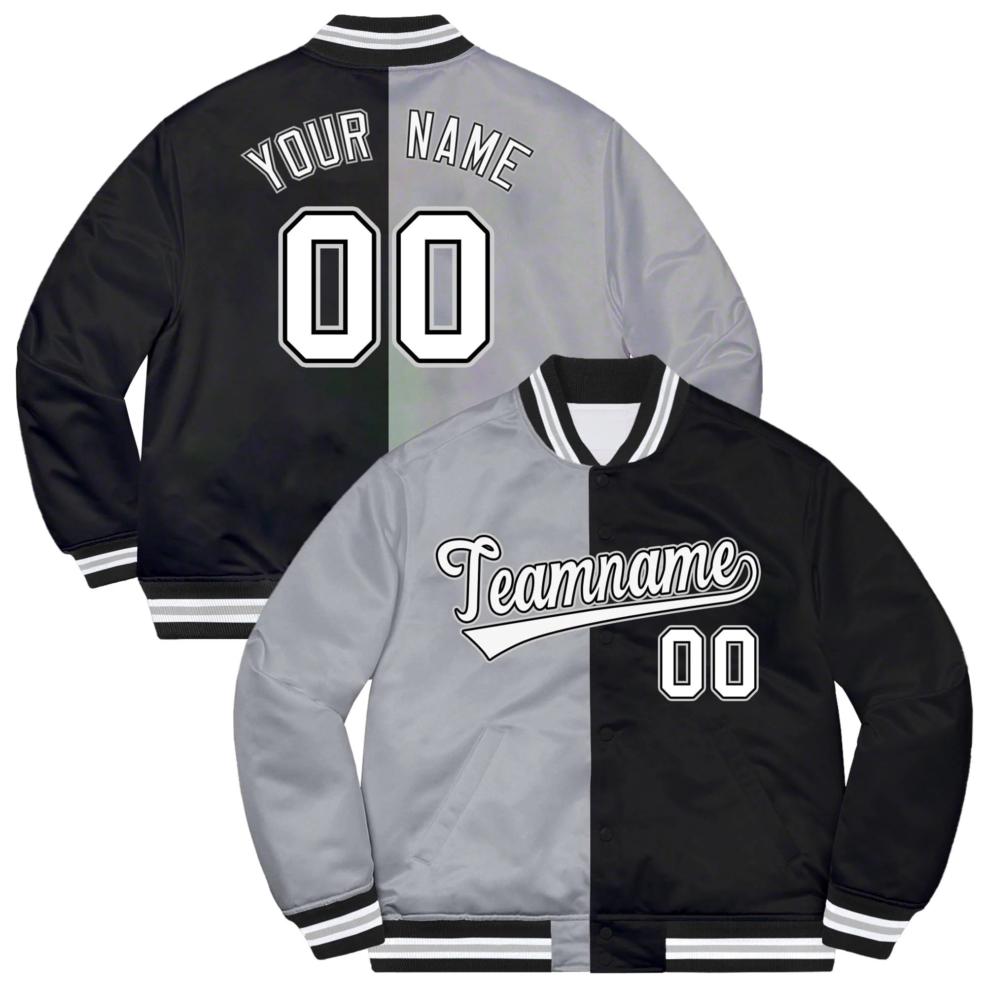 Custom Black Gray-White Letterman Two Tone Split Fashion Bomber Varsity Jacket